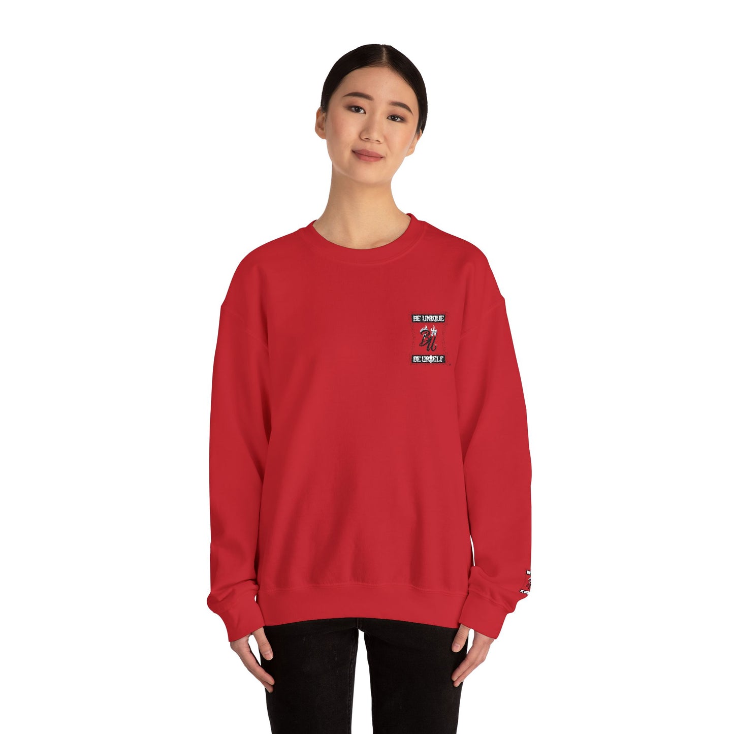 Minimalist White Crewneck Sweatshirt with Small Chest & Sleeve Graphic