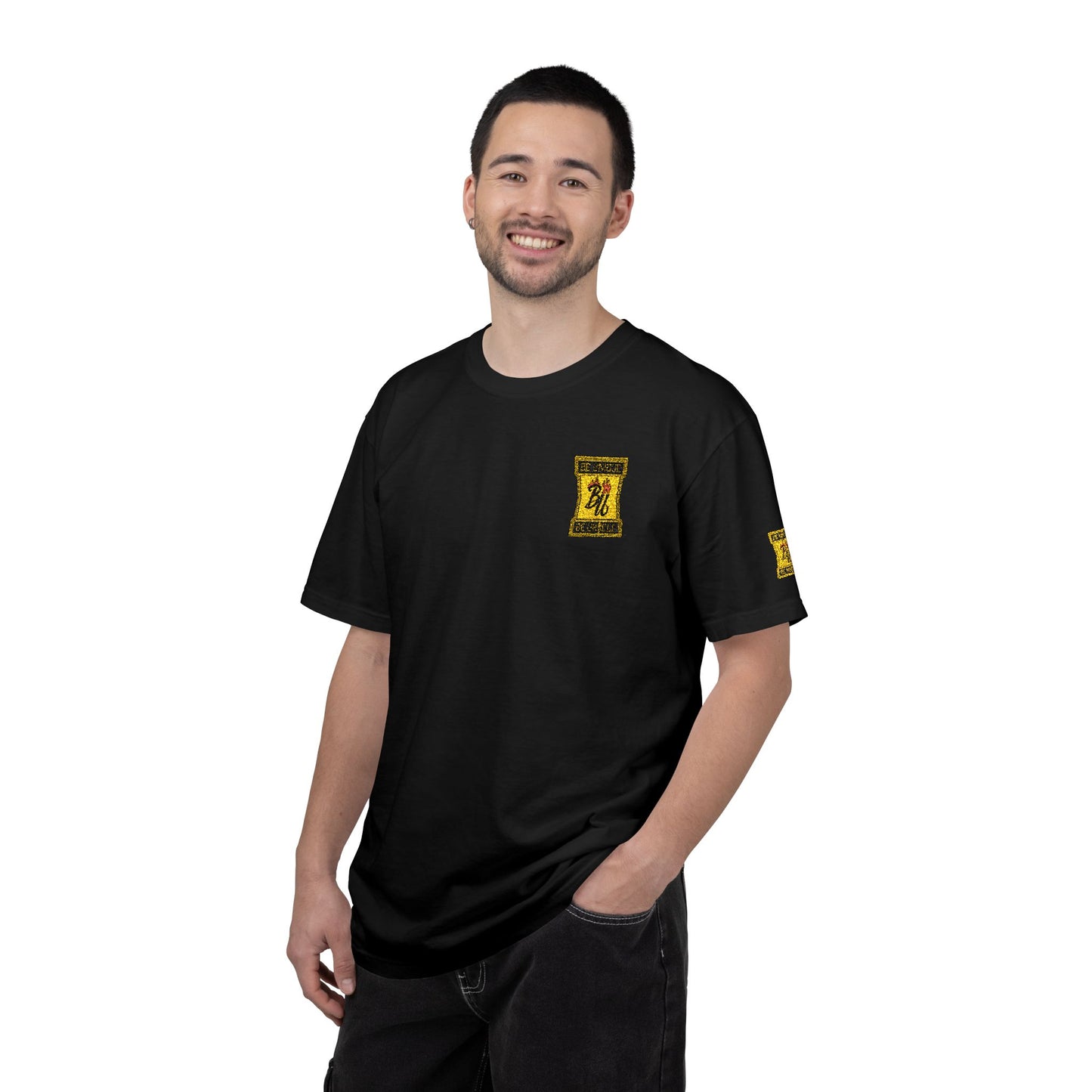 Black T‑Shirt with Yellow Patch Graphic — Distressed Pixel Skull Chest & Sleeve Design