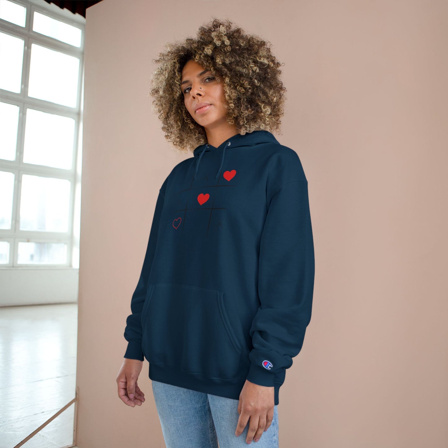 Champion Hoodie — Minimal Tic-Tac-Toe Heart Front & "Be Unique Be Urself" Graphic Back