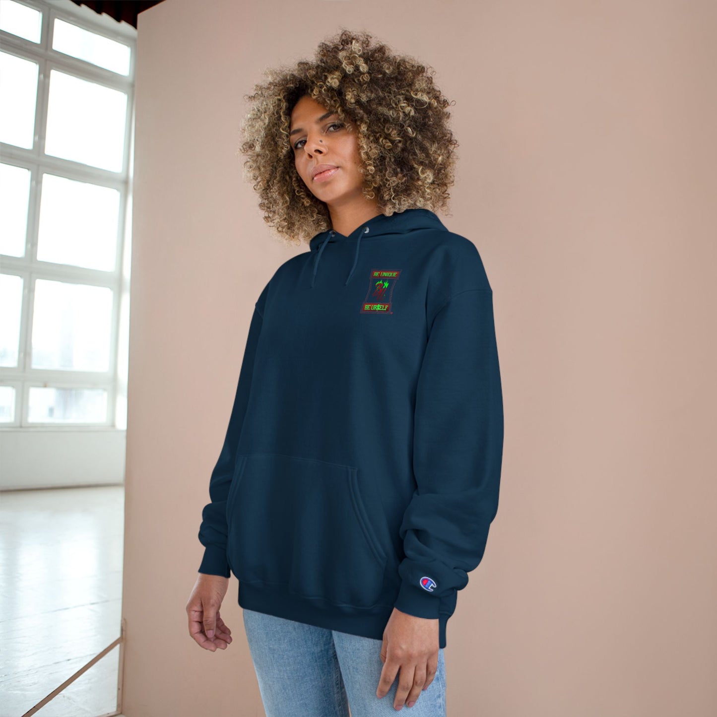 Champion Hoodie — "Be Unique, Be Urself" Graphic Pullover