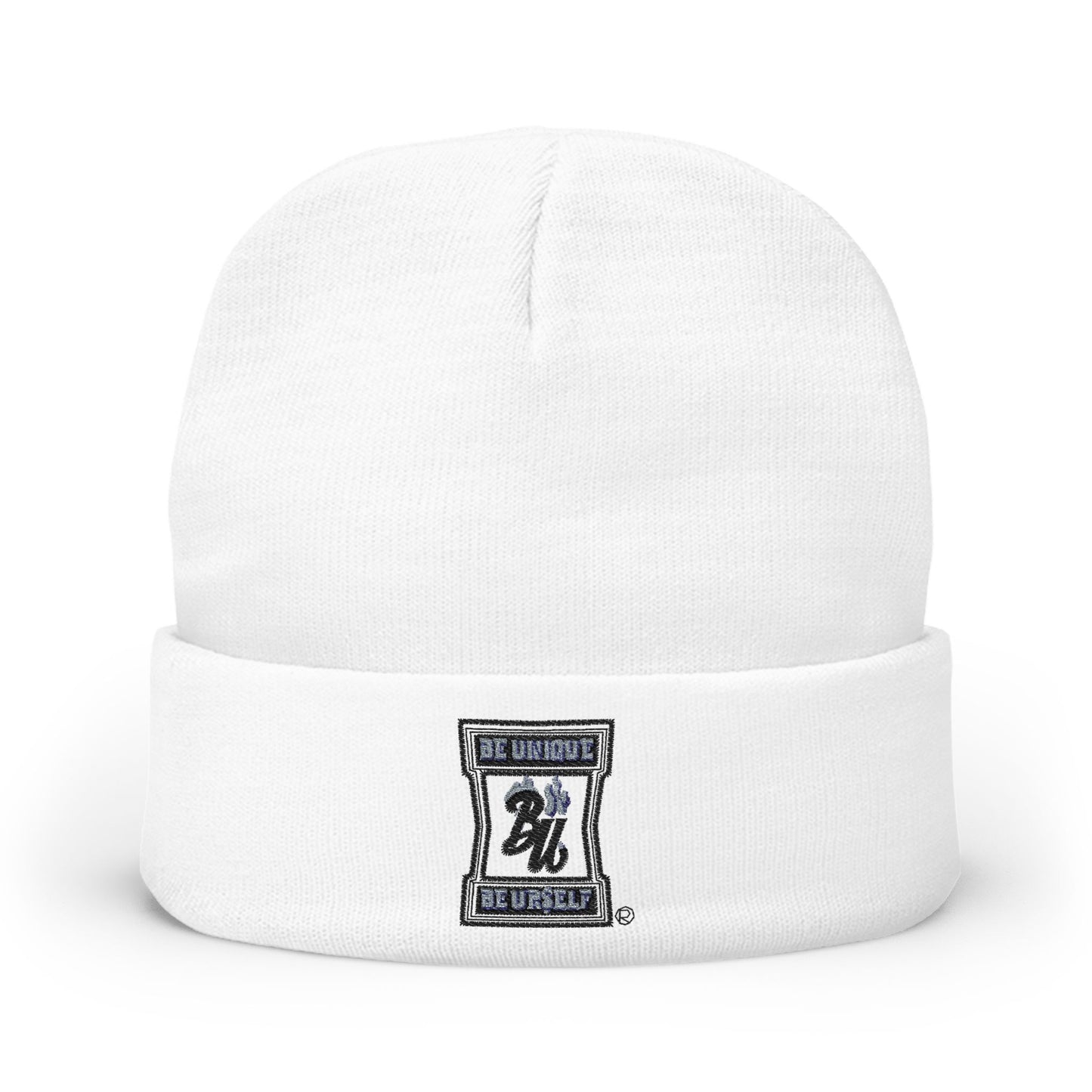 Embroidered Logo Knit Beanie — Minimal Grey Cuffed Winter Hat