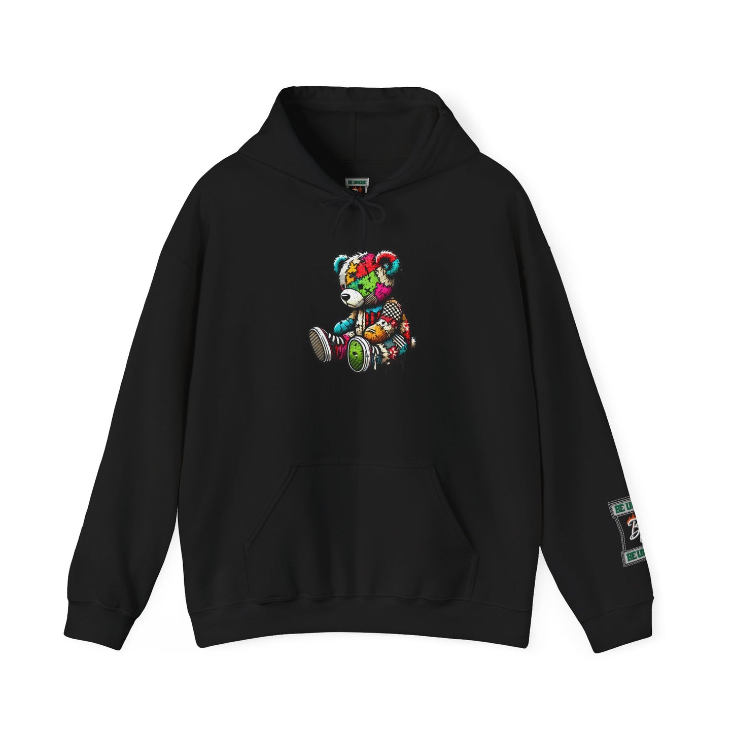 Patchwork Teddy Bear Hoodie — Colorful Grunge Bear Design
