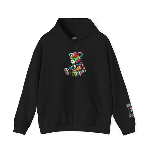 Patchwork Teddy Bear Hoodie — Colorful Grunge Bear Design