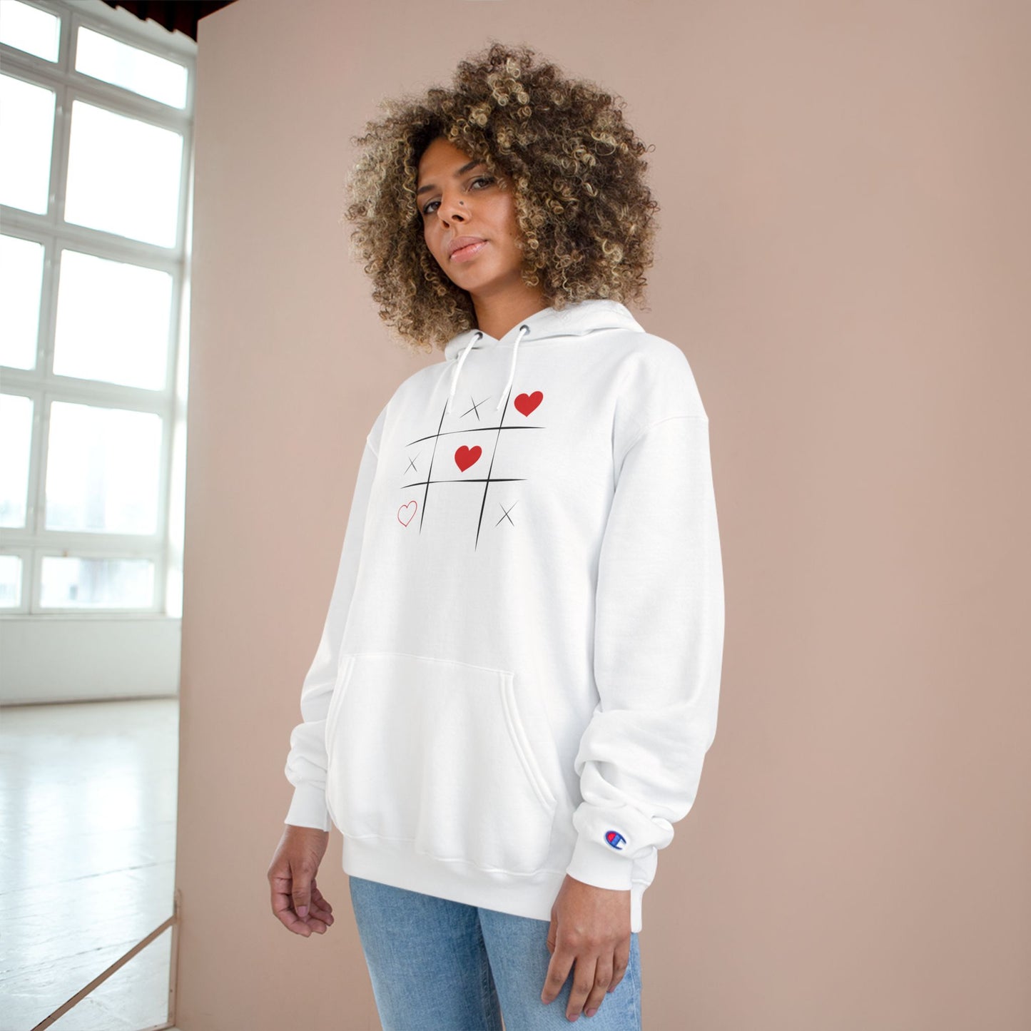 Champion Hoodie — Minimal Tic-Tac-Toe Heart Front & "Be Unique Be Urself" Graphic Back