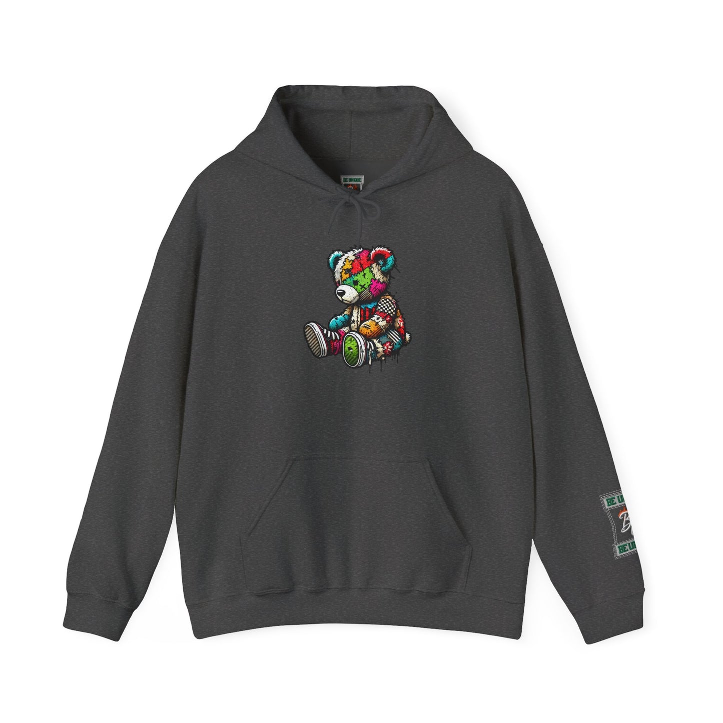 Patchwork Teddy Bear Hoodie — Colorful Grunge Bear Design
