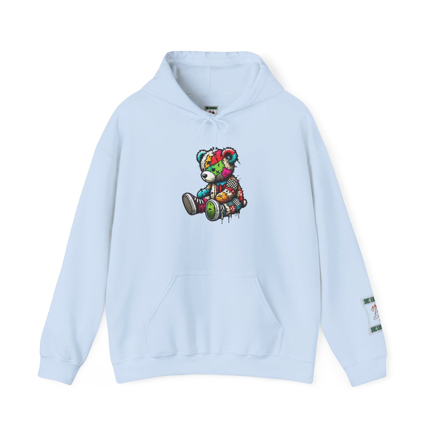 Patchwork Teddy Bear Hoodie — Colorful Grunge Bear Design