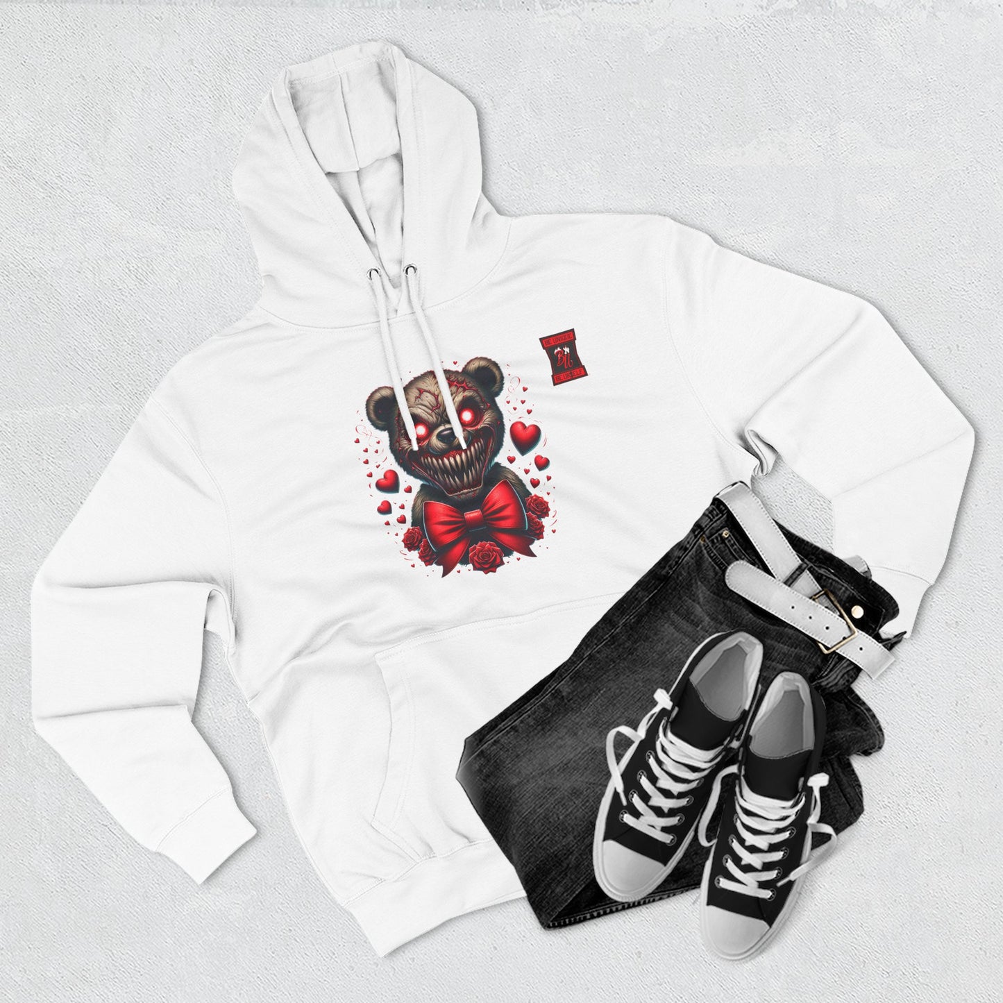 Horror Bear Graphic Hoodie — "Be Unique, Be Urself" Red & Black Fleece Hoodie