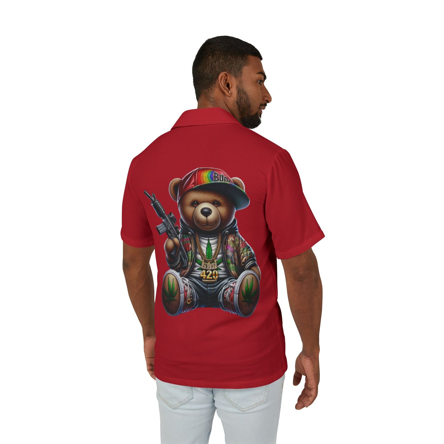 Red Hawaiian Camp Shirt with Graphic Bear Design, Summer Vibes, Casual Beach Wear, Gift for Him, Vacation Style, Streetwear Fashion