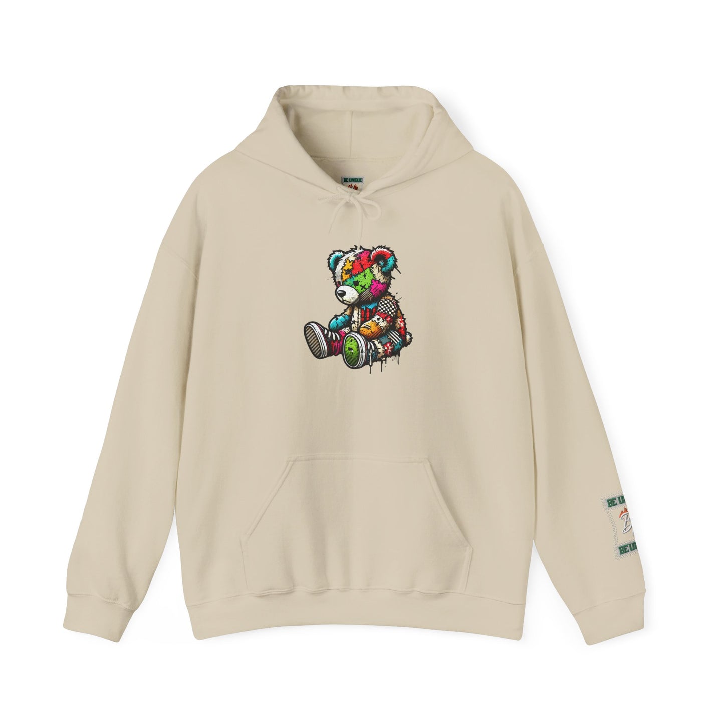 Patchwork Teddy Bear Hoodie — Colorful Grunge Bear Design