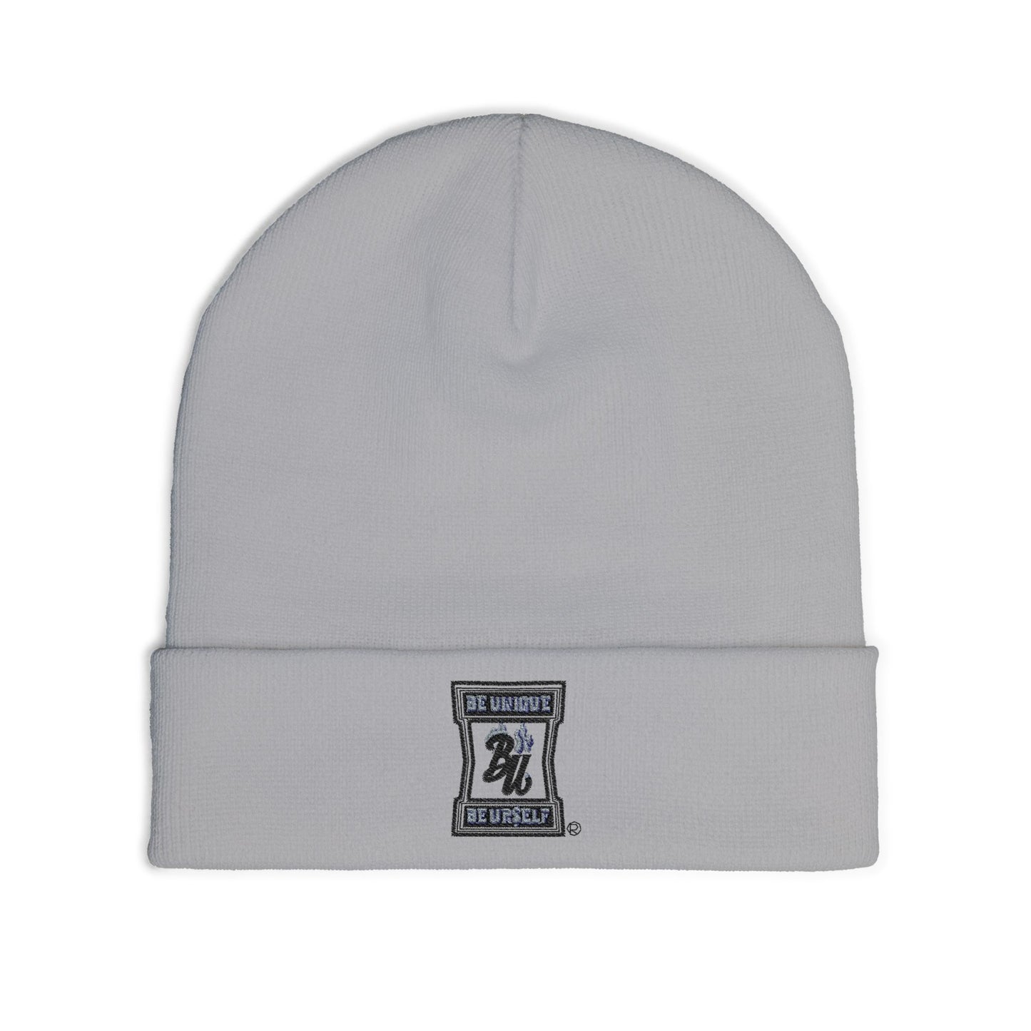 Embroidered Logo Knit Beanie — Minimal Grey Cuffed Winter Hat