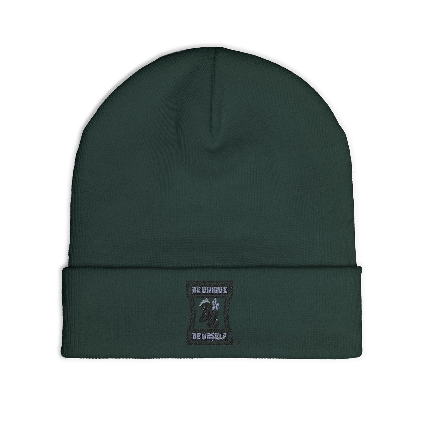 Embroidered Logo Knit Beanie — Minimal Grey Cuffed Winter Hat