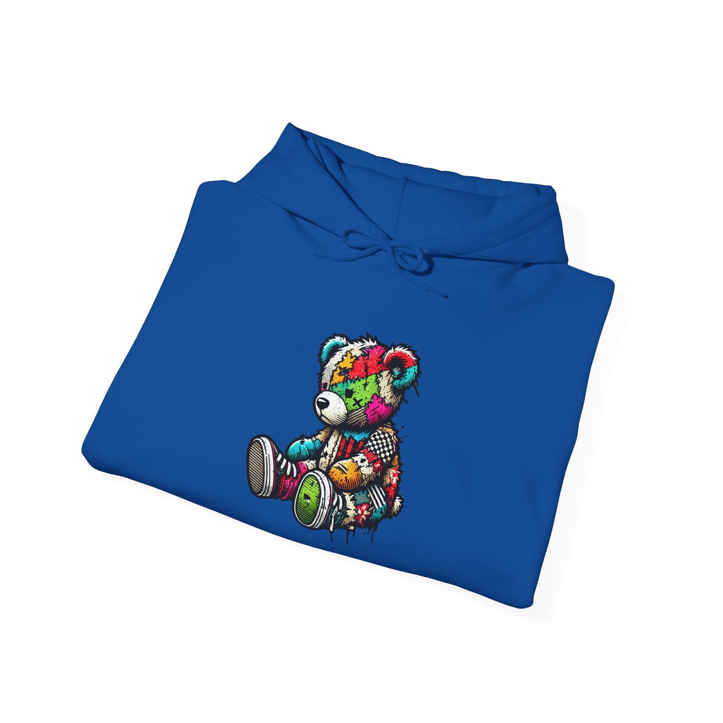 Patchwork Teddy Bear Hoodie — Colorful Grunge Bear Design