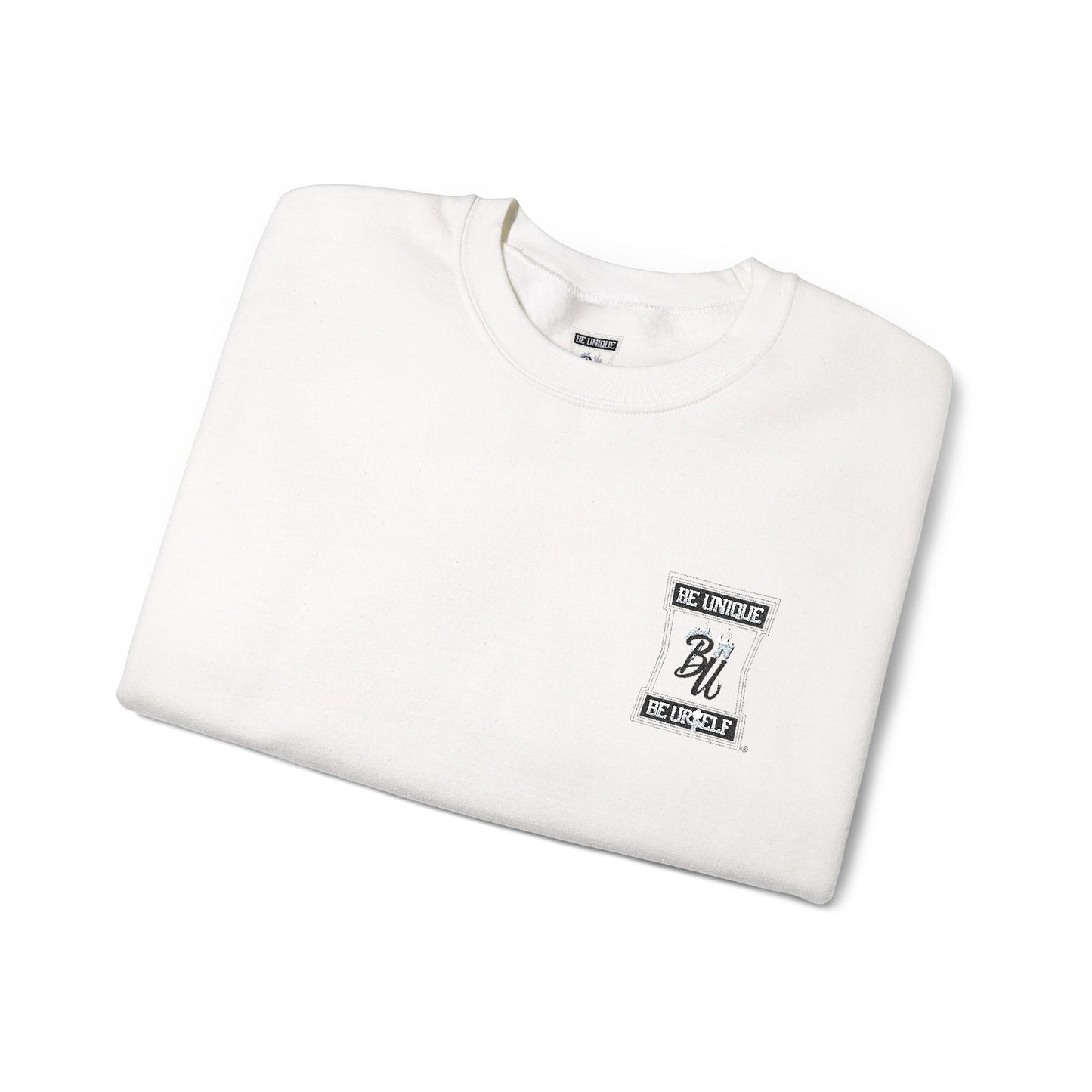 Minimalist White Crewneck Sweatshirt with Small Chest & Sleeve Graphic