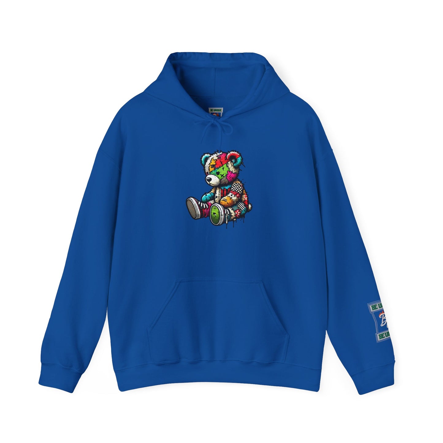 Patchwork Teddy Bear Hoodie — Colorful Grunge Bear Design