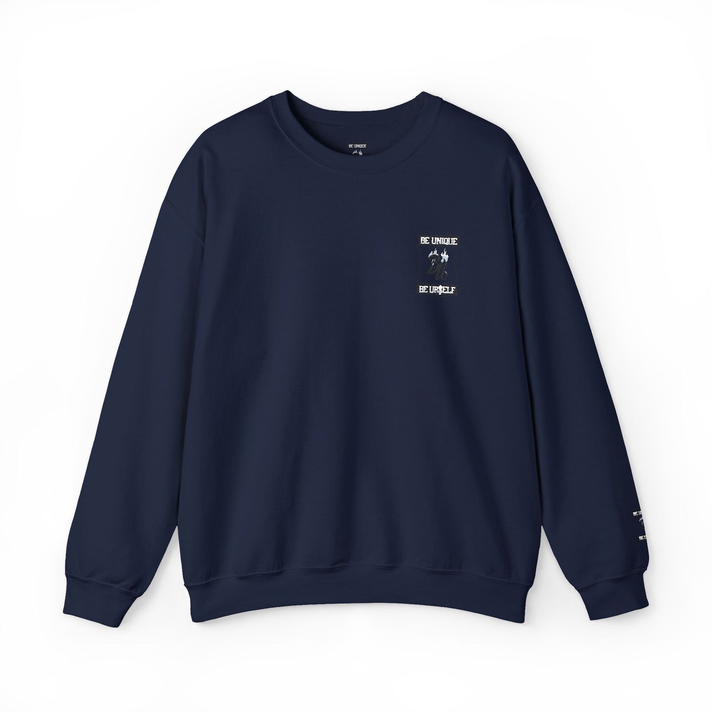 Minimalist White Crewneck Sweatshirt with Small Chest & Sleeve Graphic