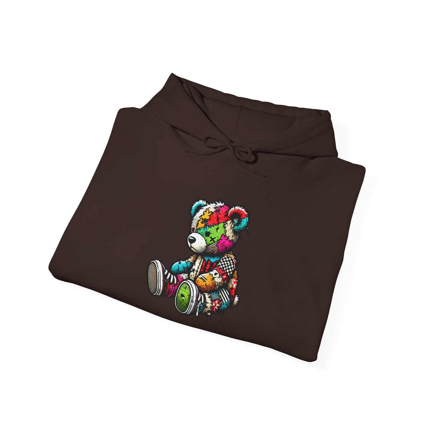Patchwork Teddy Bear Hoodie — Colorful Grunge Bear Graphic Sweatshirt