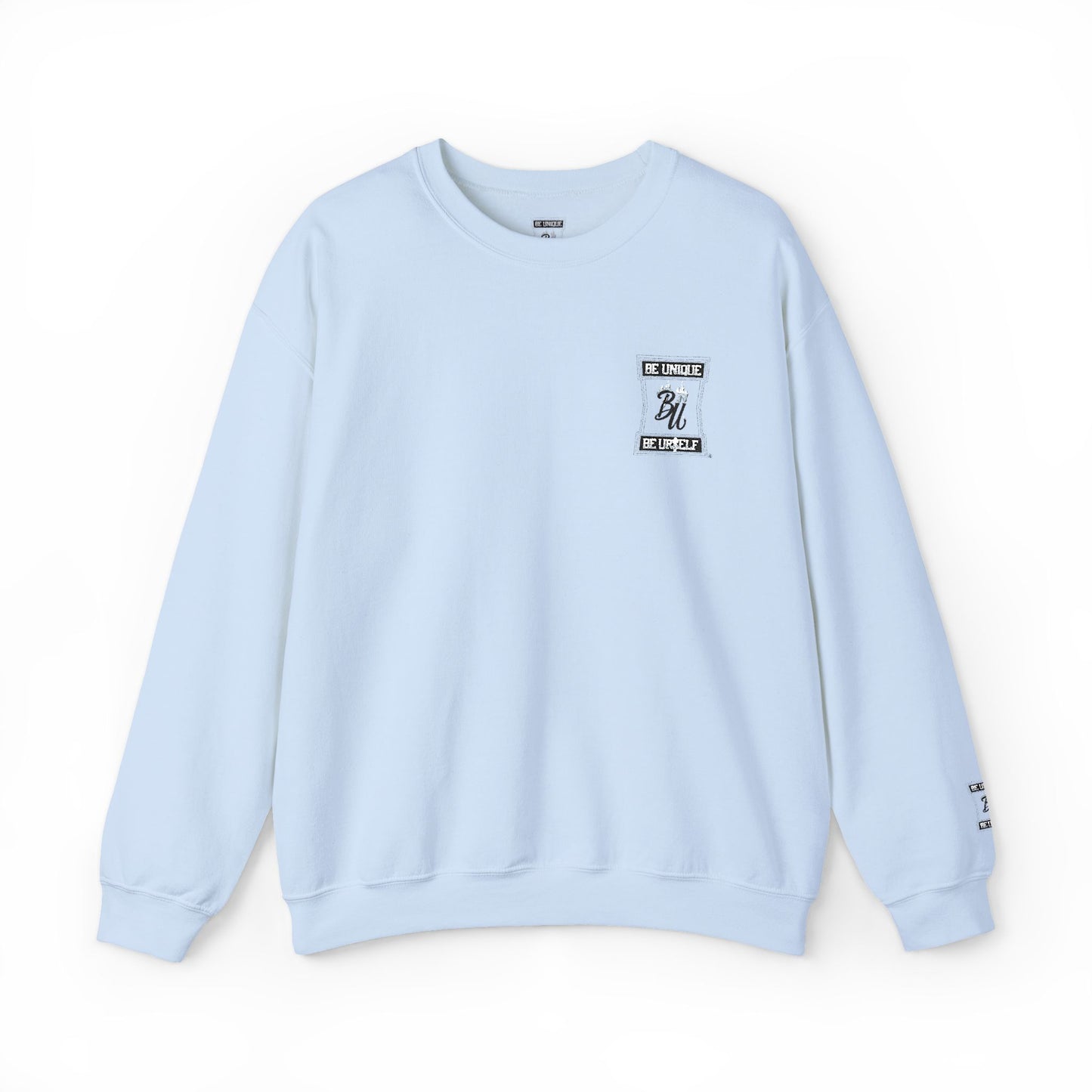 Minimalist White Crewneck Sweatshirt with Small Chest & Sleeve Graphic