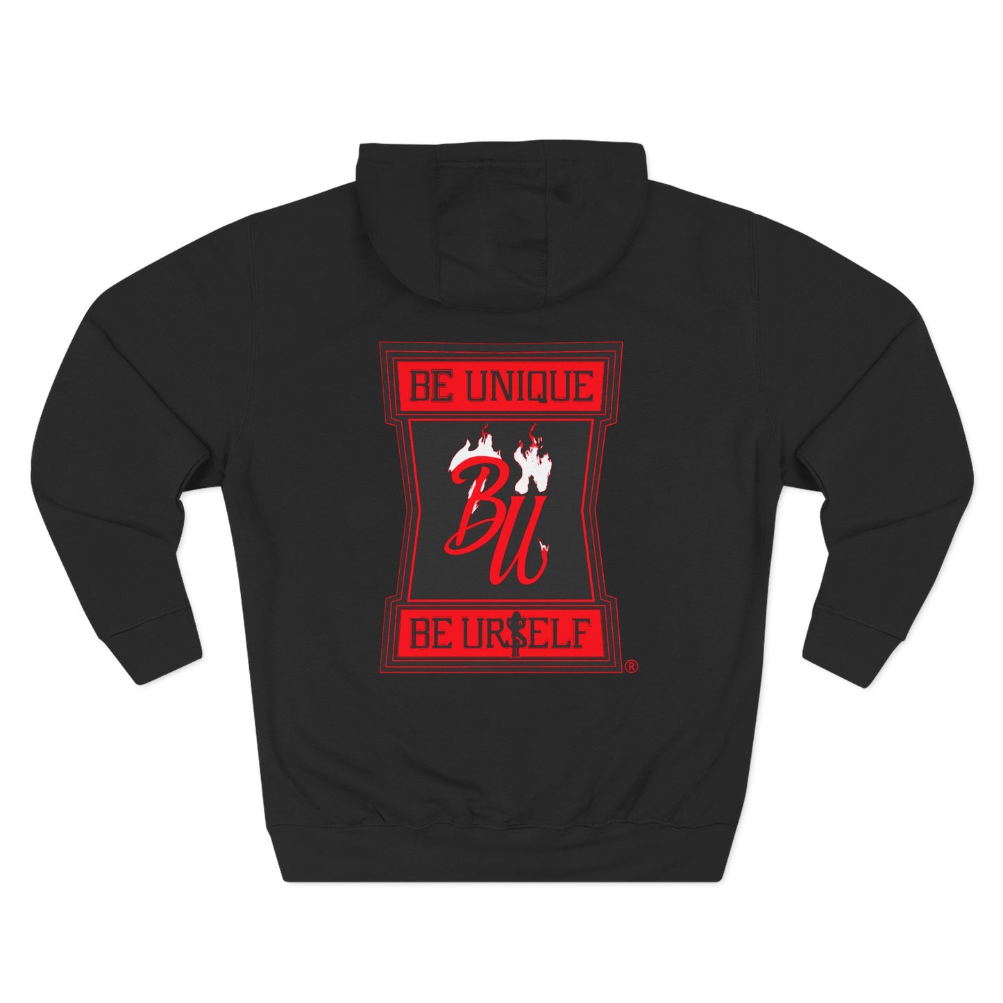 Horror Bear Graphic Hoodie — "Be Unique, Be Urself" Red & Black Fleece Hoodie