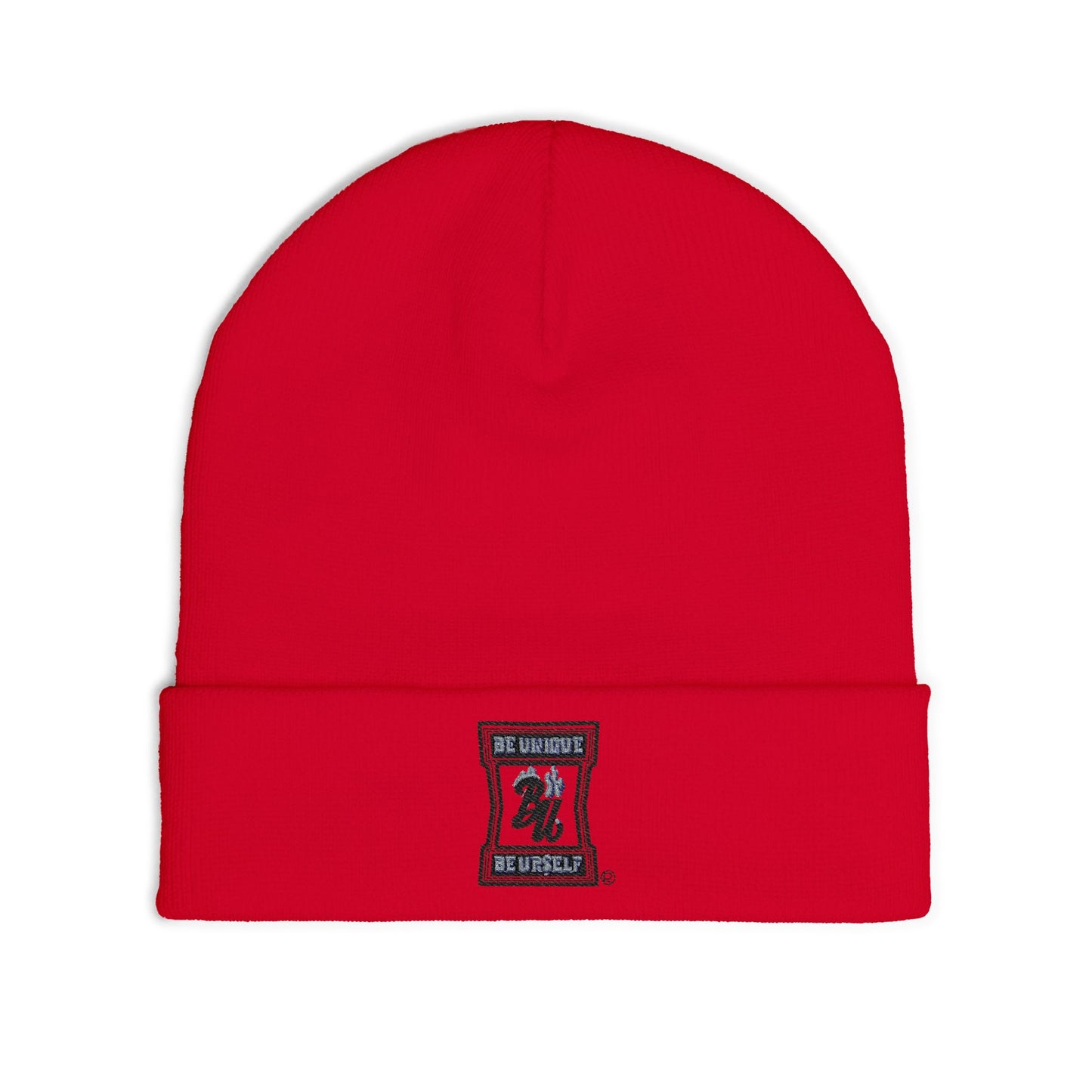 Embroidered Logo Knit Beanie — Minimal Grey Cuffed Winter Hat