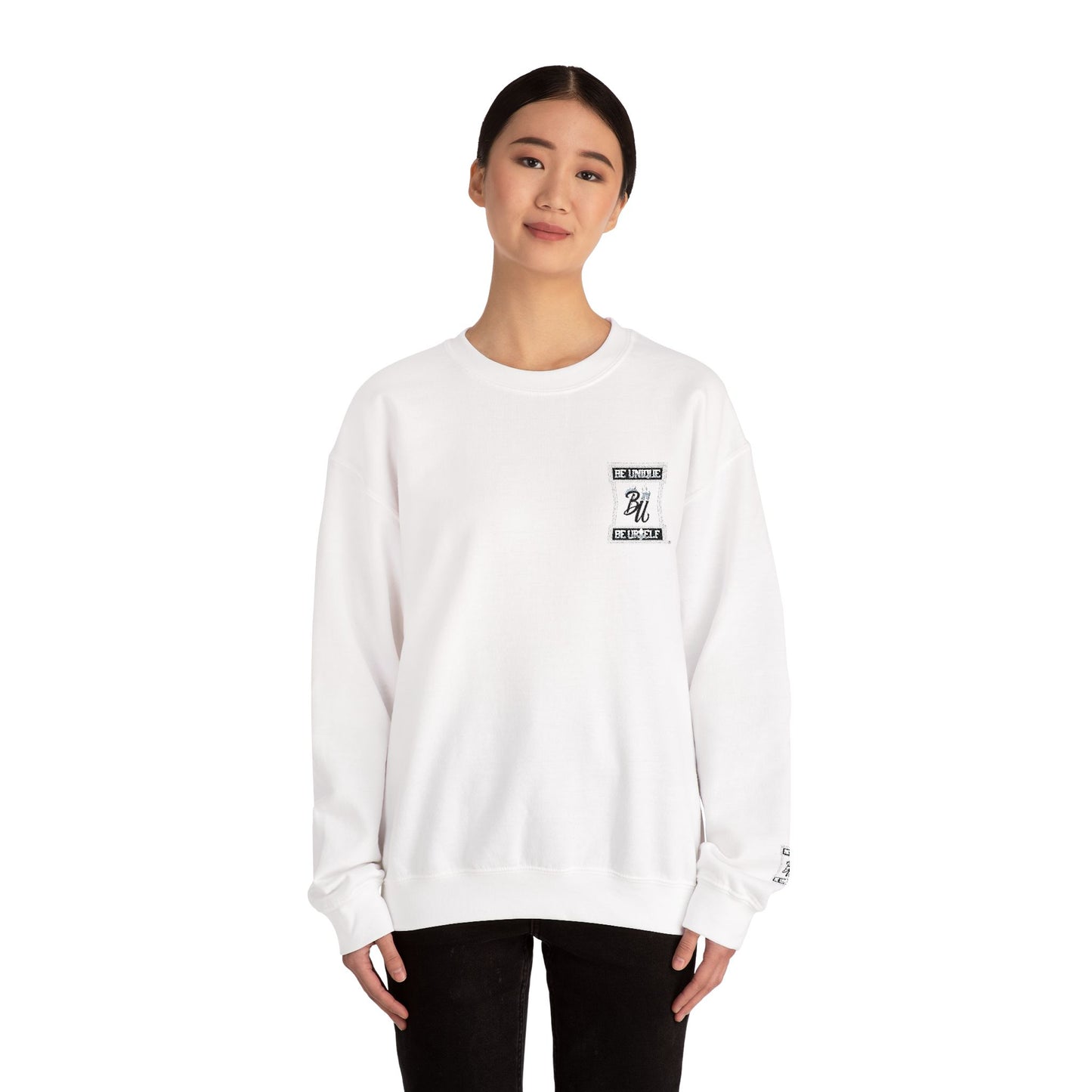 Minimalist White Crewneck Sweatshirt with Small Chest & Sleeve Graphic