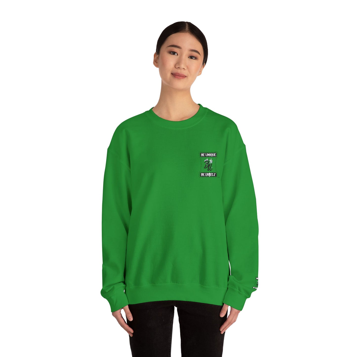 Minimalist White Crewneck Sweatshirt with Small Chest & Sleeve Graphic