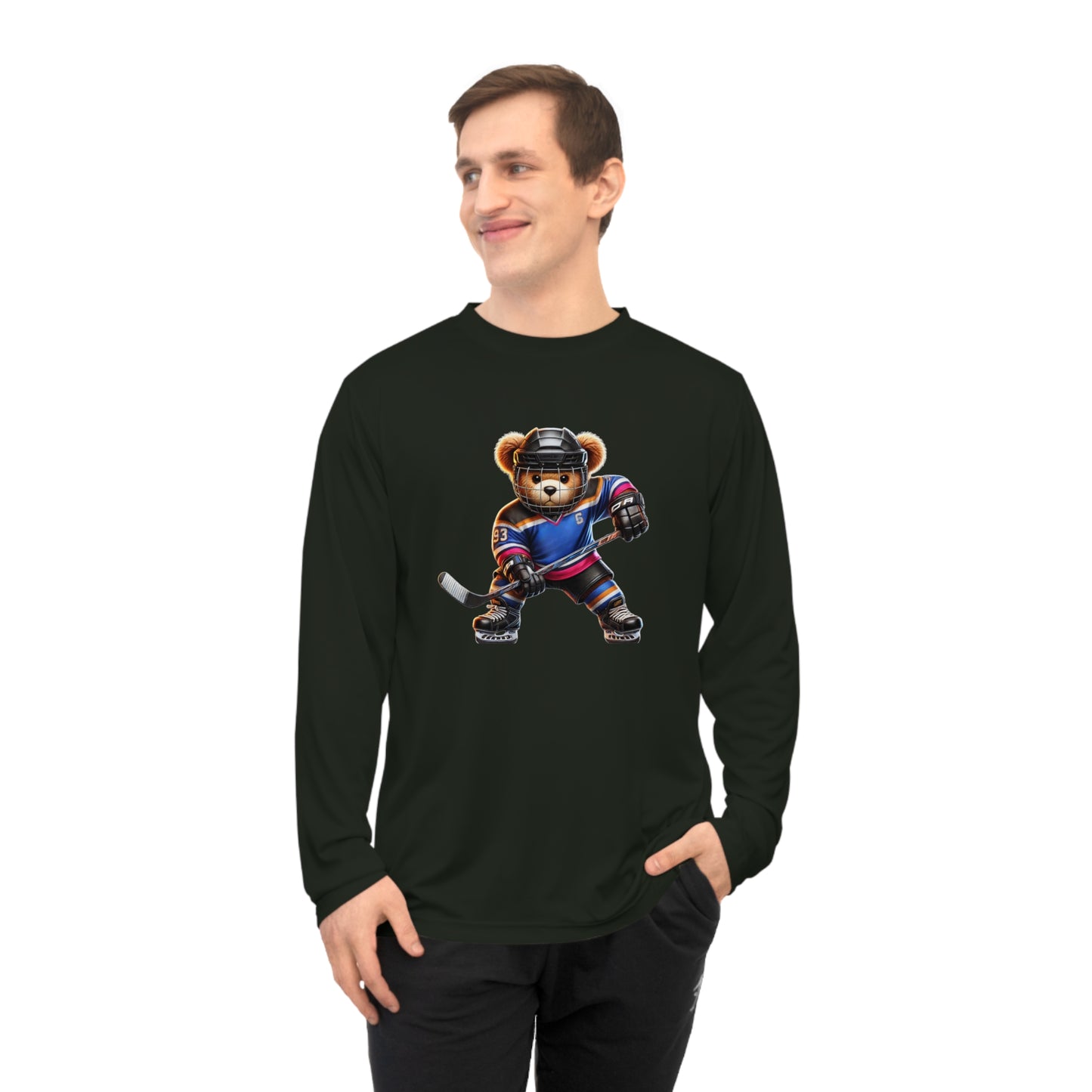 Performance Long Sleeve Shirt, Cute Hockey Bear Shirt, Unisex Sportswear, Gift for Hockey Fans, Halloween Apparel, Activewear