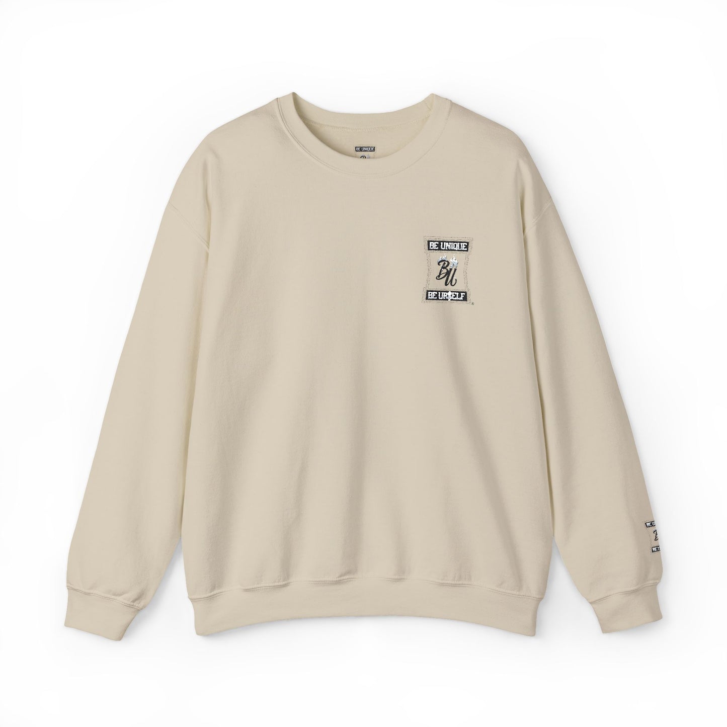 Minimalist White Crewneck Sweatshirt with Small Chest & Sleeve Graphic