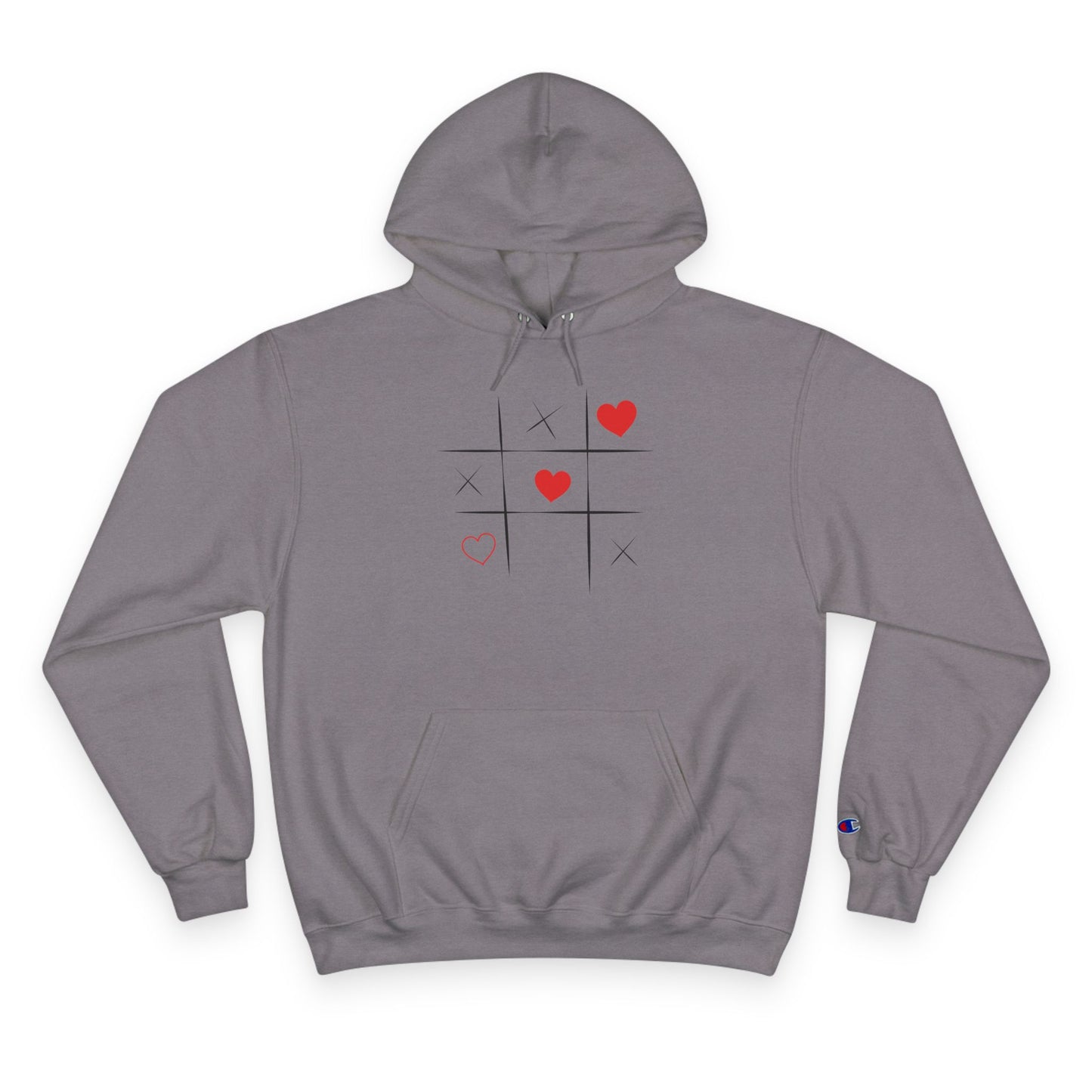 Champion Hoodie — Minimal Tic-Tac-Toe Heart Front & "Be Unique Be Urself" Graphic Back