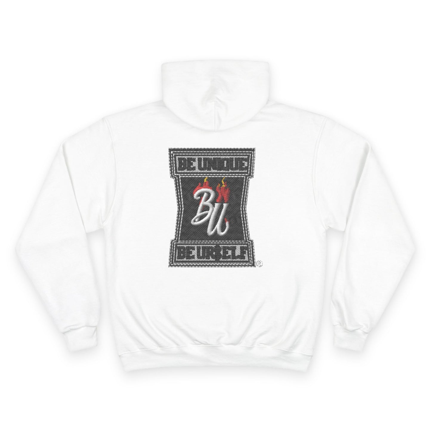 Champion Hoodie — Minimal Tic-Tac-Toe Heart Front & "Be Unique Be Urself" Graphic Back