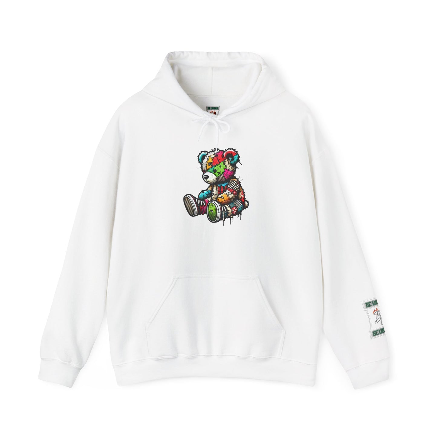 Patchwork Teddy Bear Hoodie — Colorful Grunge Bear Graphic Sweatshirt