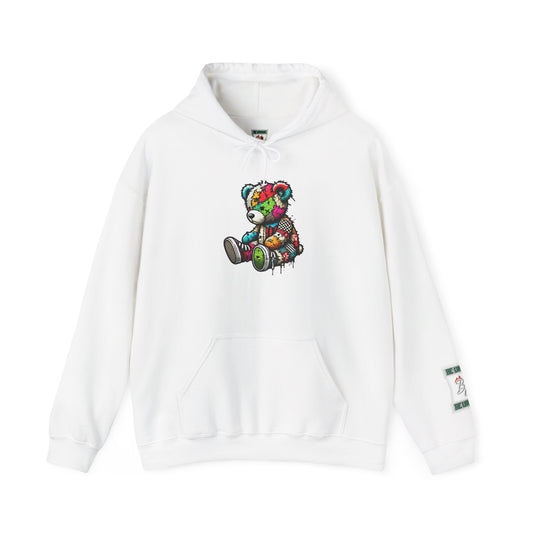 Patchwork Teddy Bear Hoodie — Colorful Grunge Bear Graphic Sweatshirt