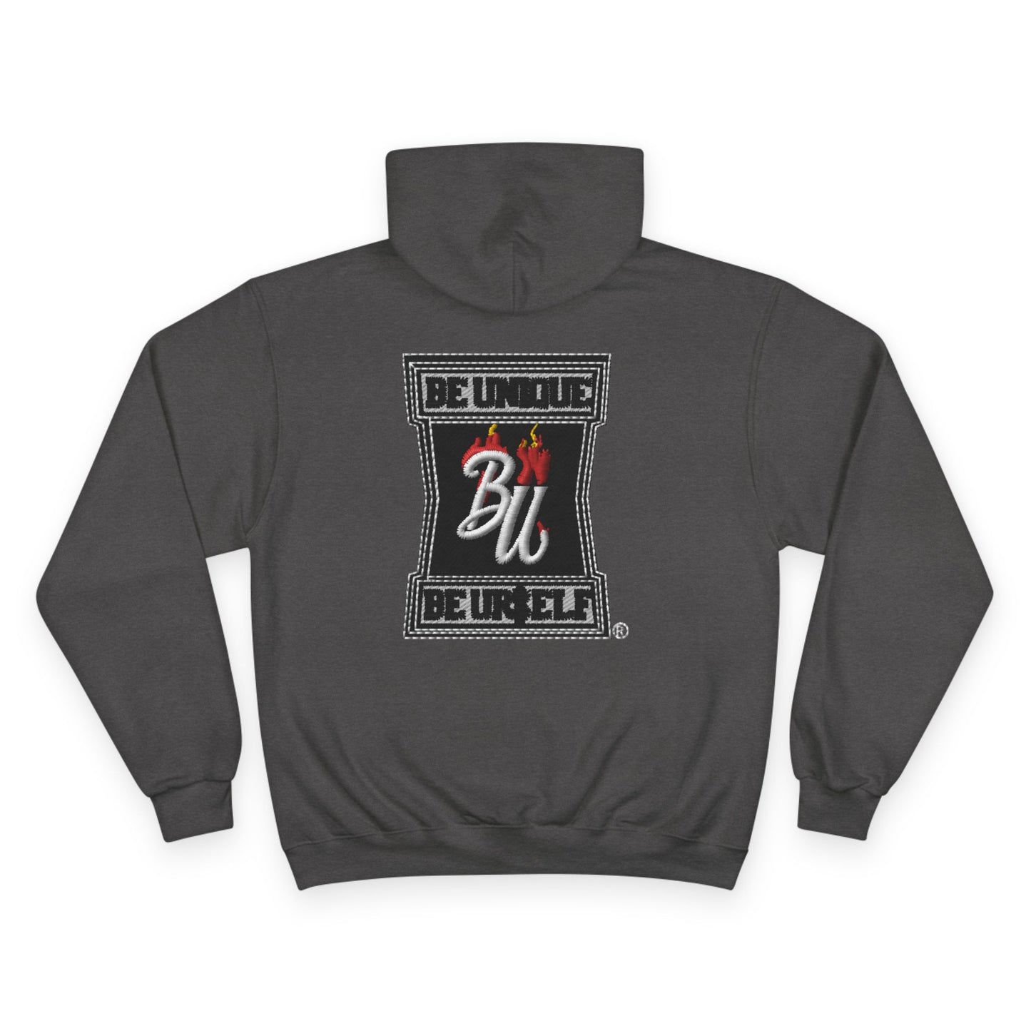 Champion Hoodie — Minimal Tic-Tac-Toe Heart Front & "Be Unique Be Urself" Graphic Back