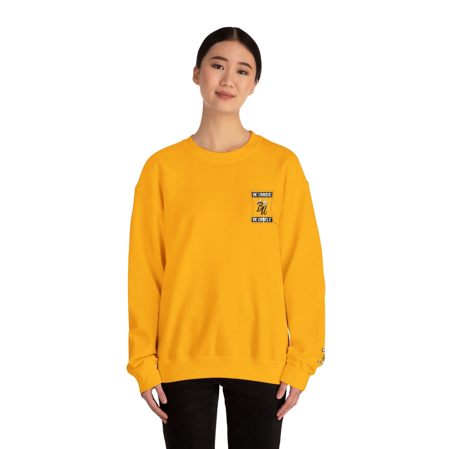 Minimalist White Crewneck Sweatshirt with Small Chest & Sleeve Graphic