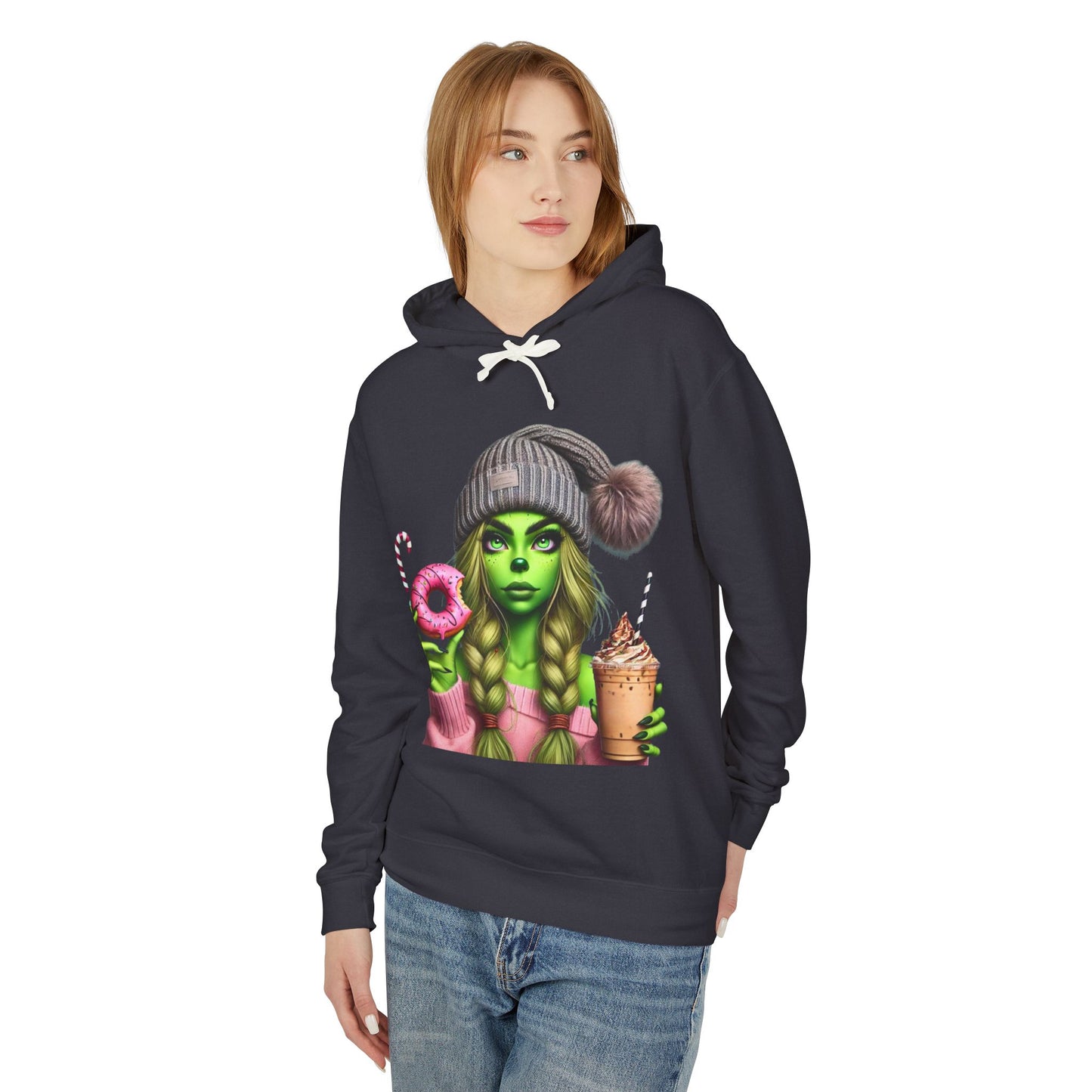 Whimsical Hooded Sweatshirt with Green Character, Cool Casual Wear, Gift for Her, Autumn Fashion, Cozy Relaxed Style, Fun Graphic Apparel