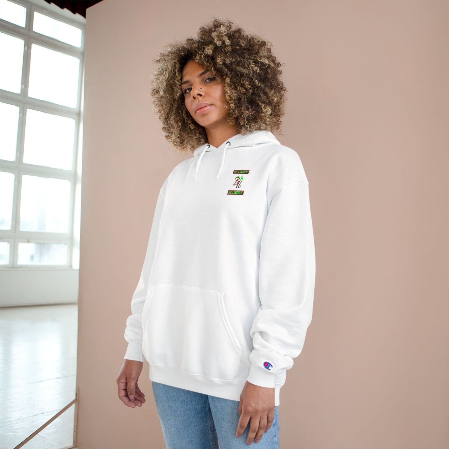 Champion Hoodie — "Be Unique, Be Urself" Graphic Pullover