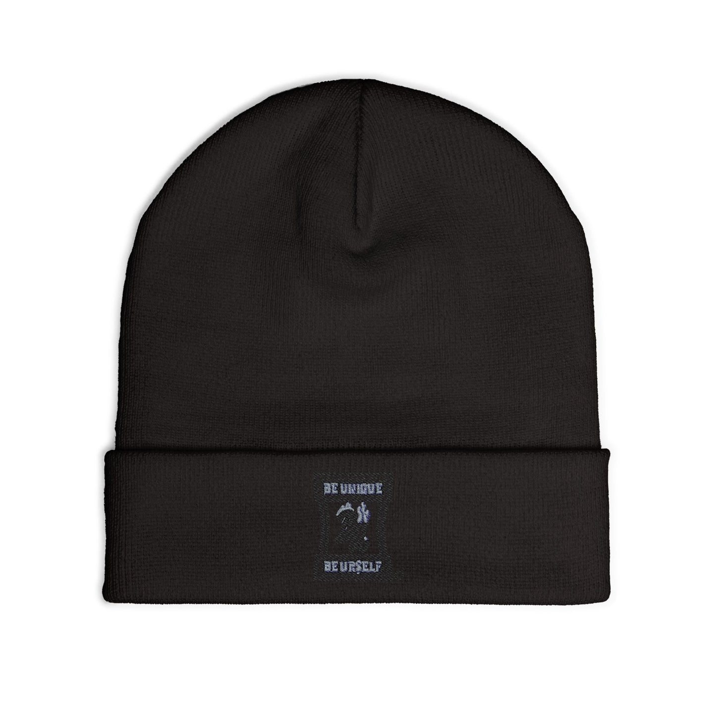 Embroidered Logo Knit Beanie — Minimal Grey Cuffed Winter Hat