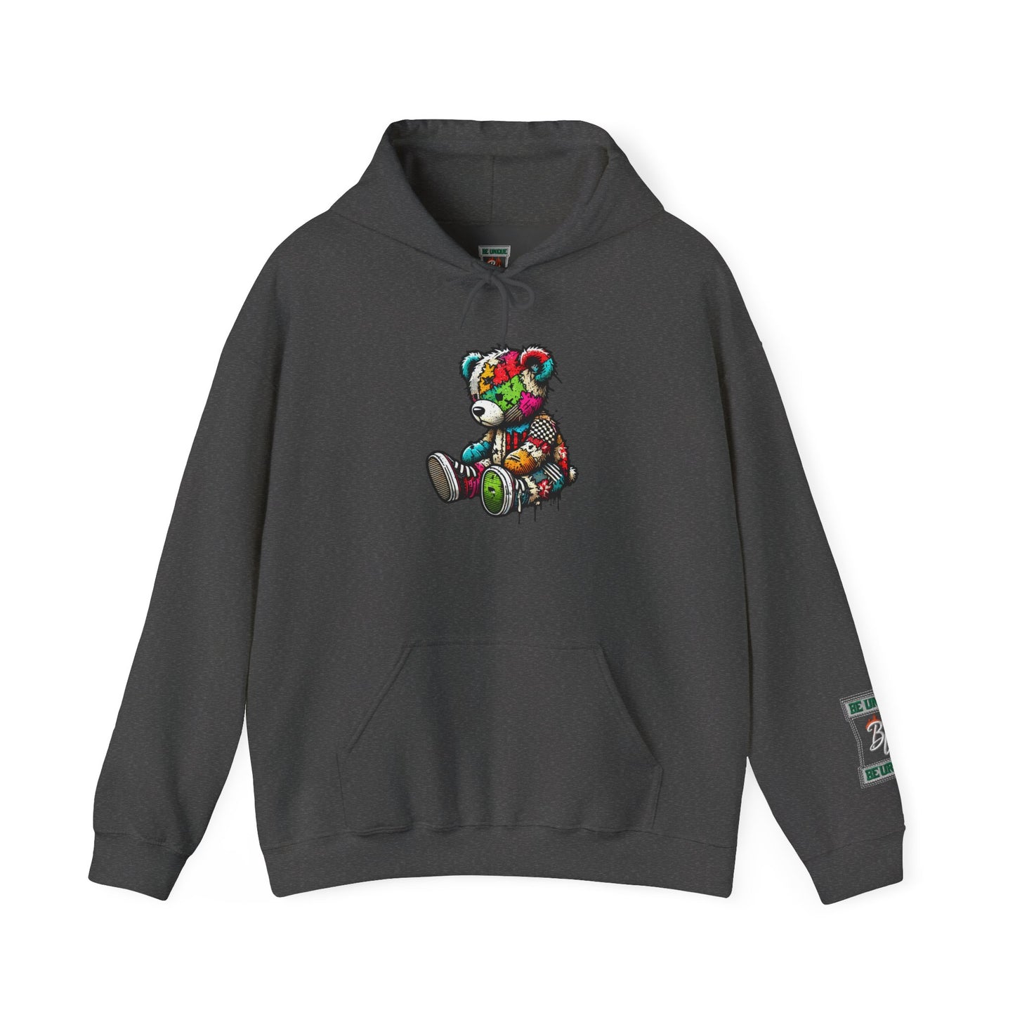 Patchwork Teddy Bear Hoodie — Colorful Grunge Bear Graphic Sweatshirt