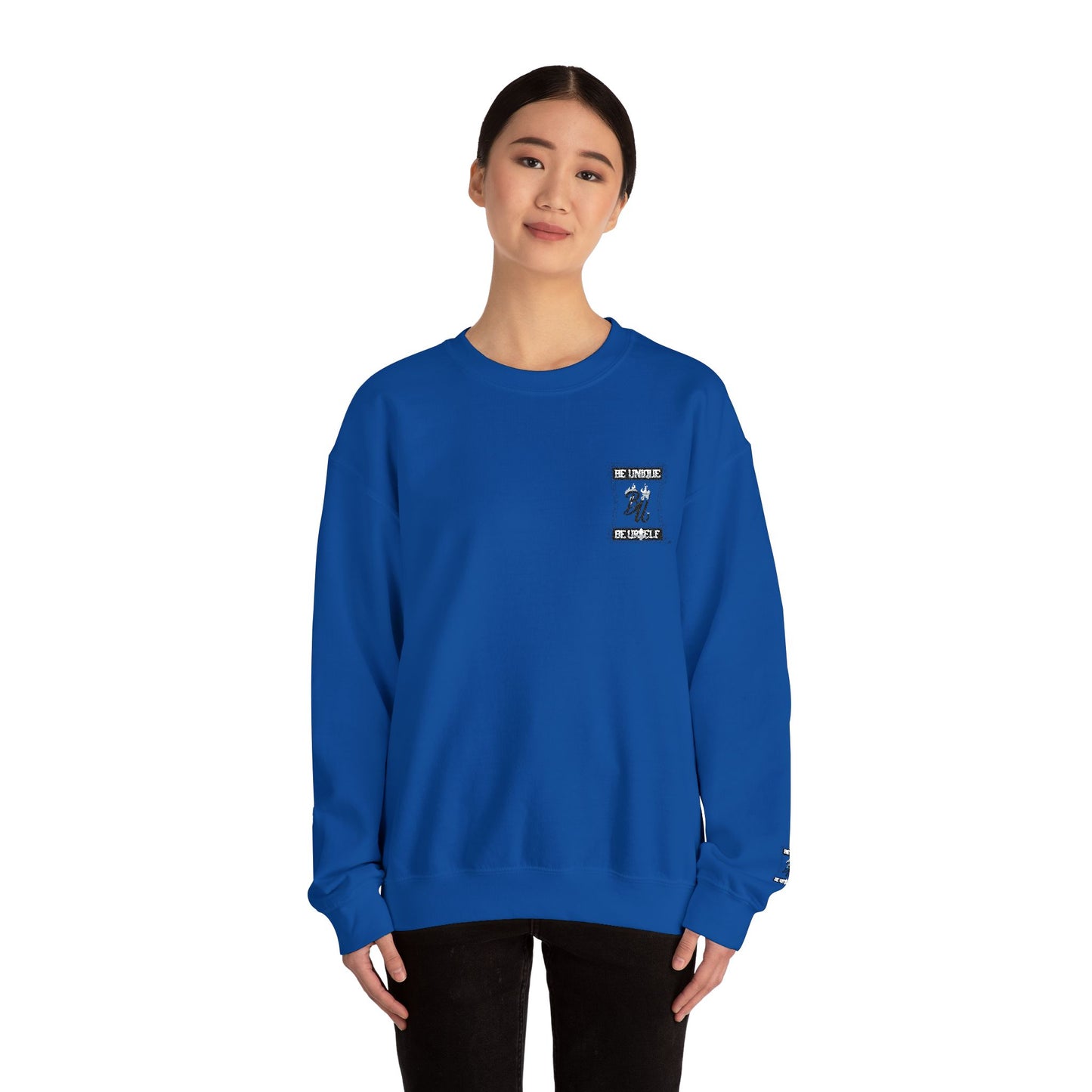 Minimalist White Crewneck Sweatshirt with Small Chest & Sleeve Graphic