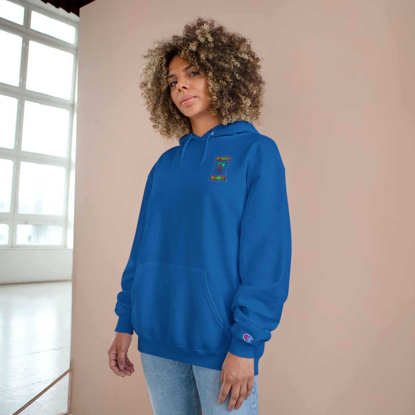 Champion Hoodie — "Be Unique, Be Urself" Graphic Pullover