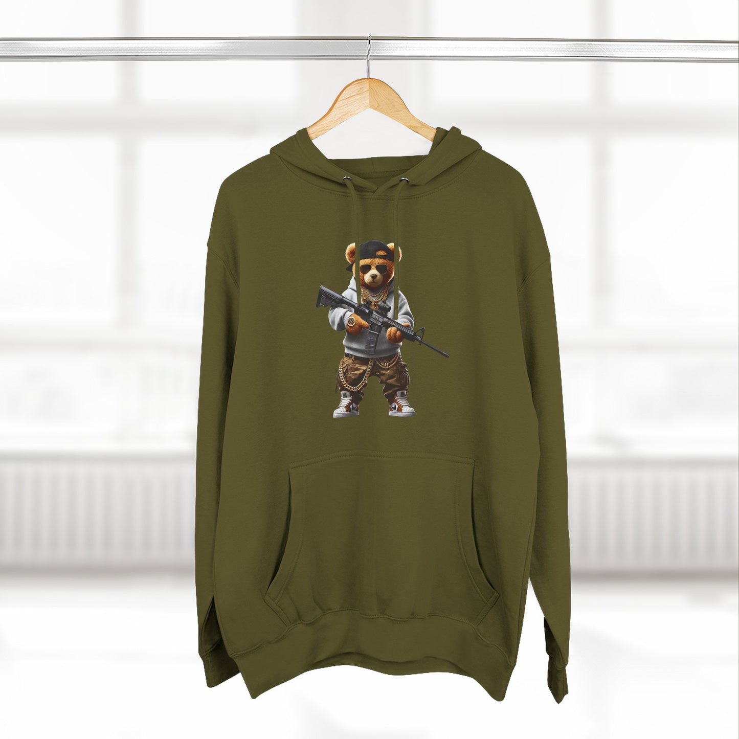 Be Unique Be Urself Hoodie — Cute Bear Soldier Graphic Fleece Pullover