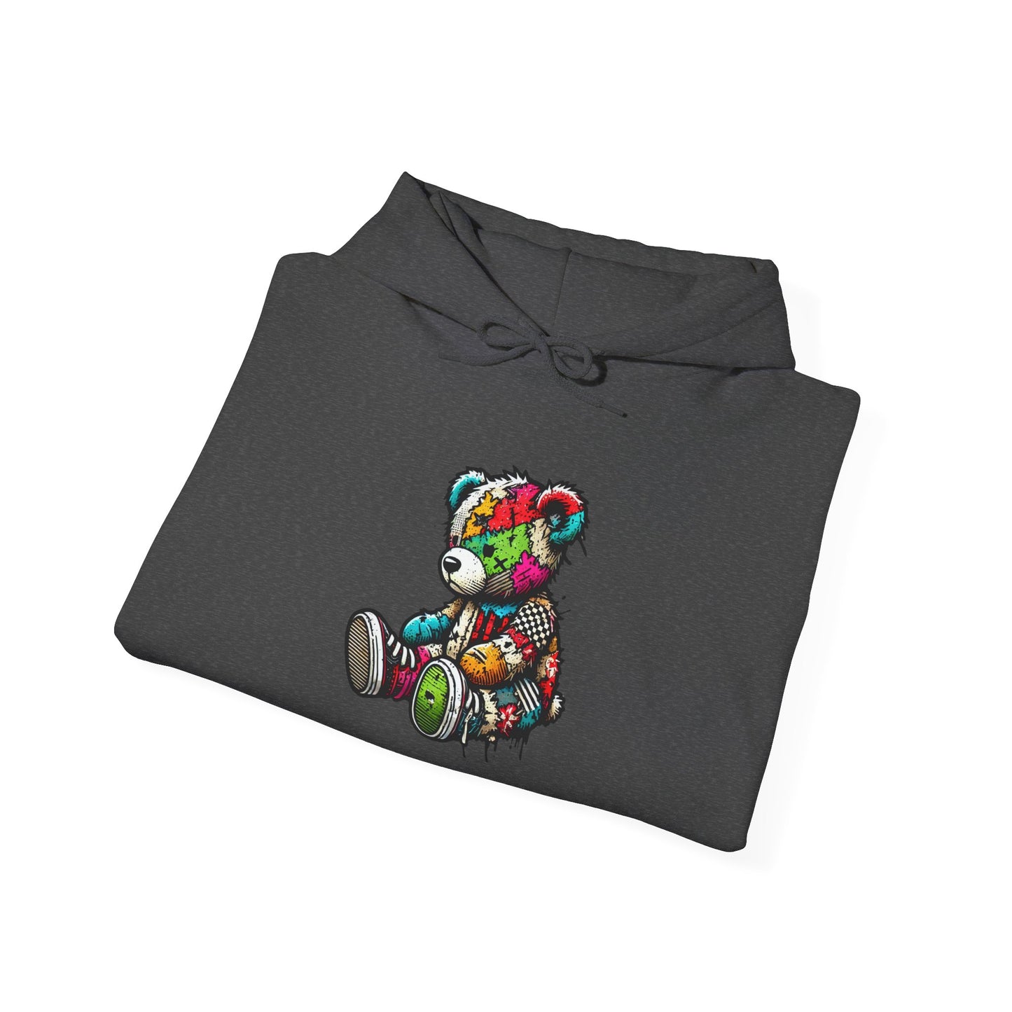 Patchwork Teddy Bear Hoodie — Colorful Grunge Bear Design