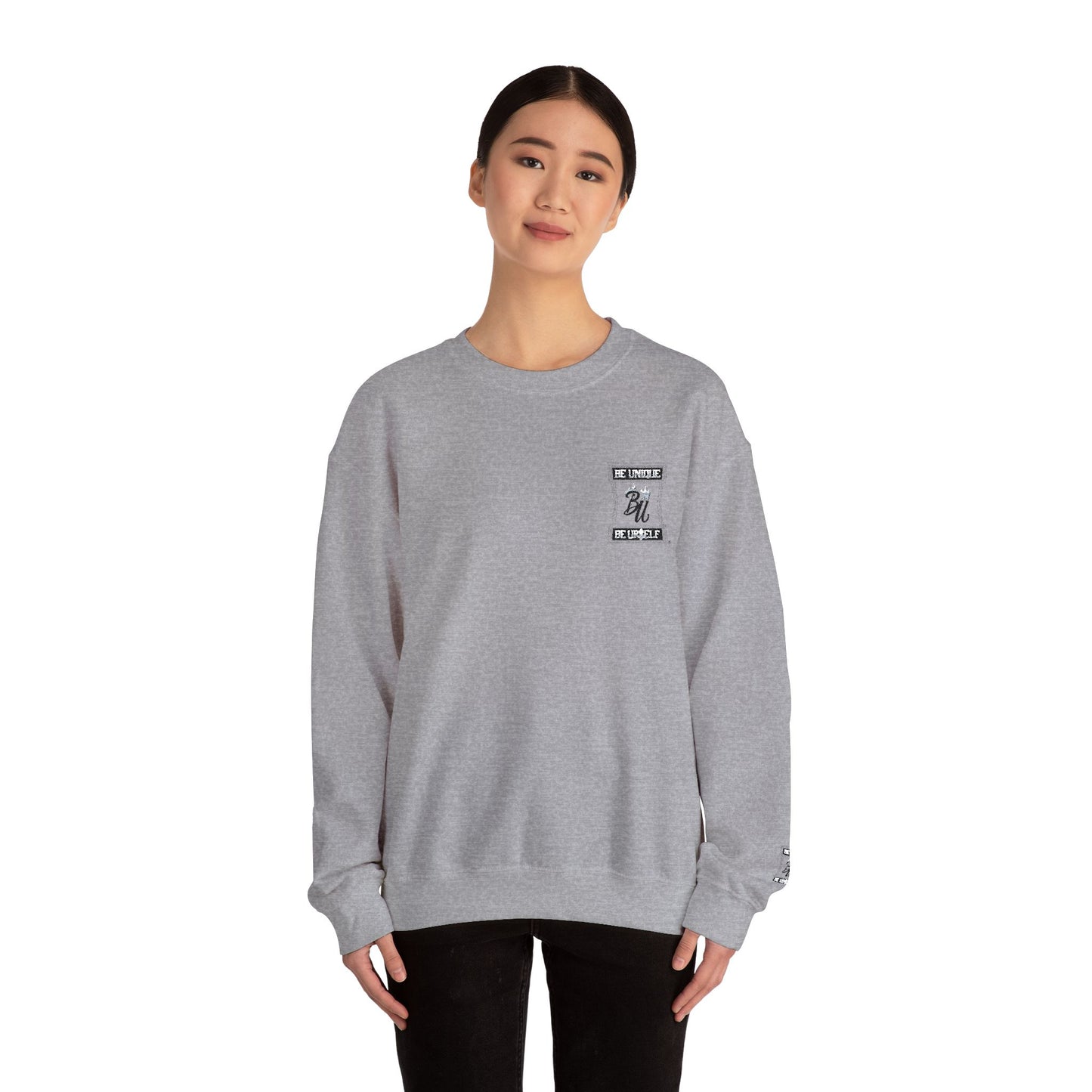 Minimalist White Crewneck Sweatshirt with Small Chest & Sleeve Graphic