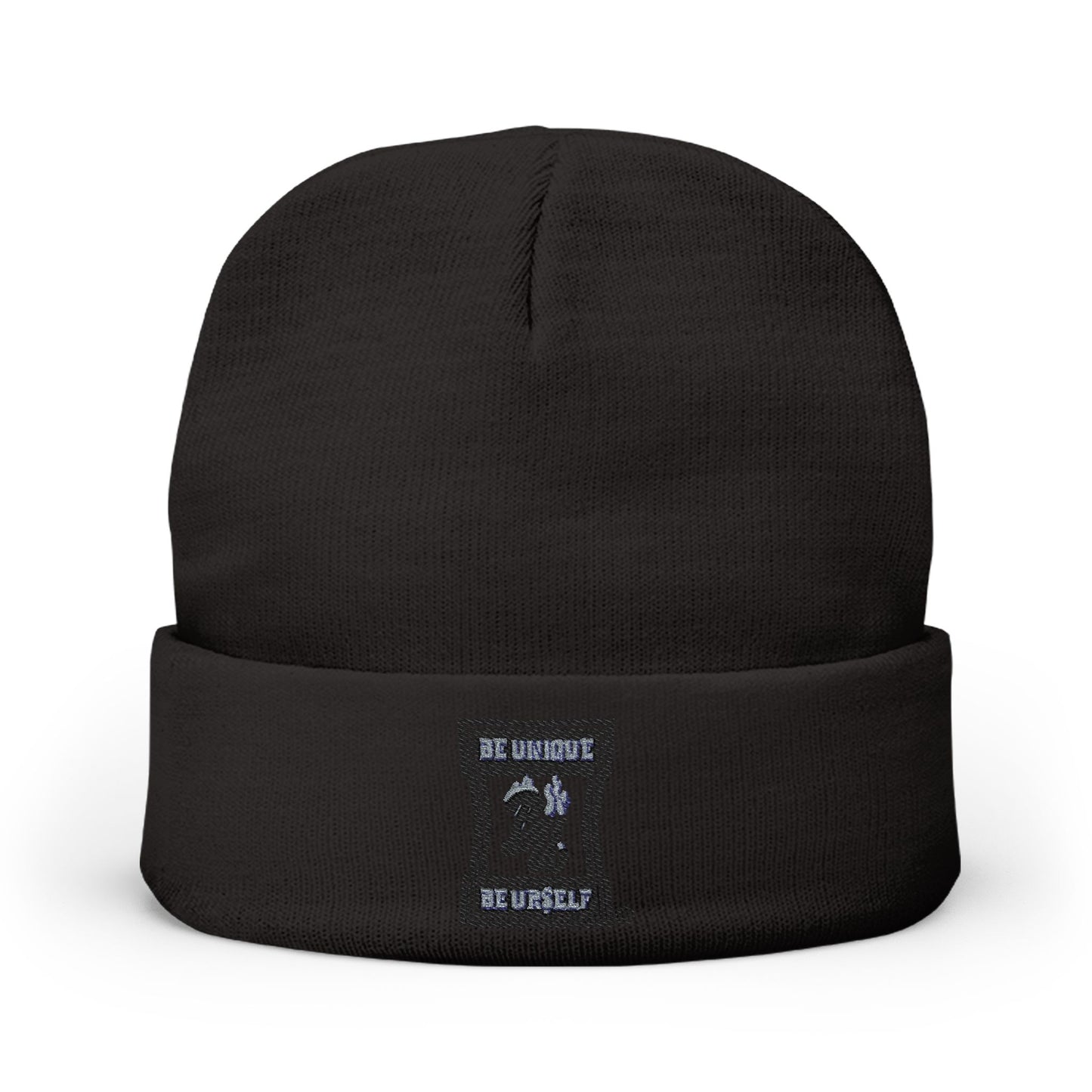 Embroidered Logo Knit Beanie — Minimal Grey Cuffed Winter Hat