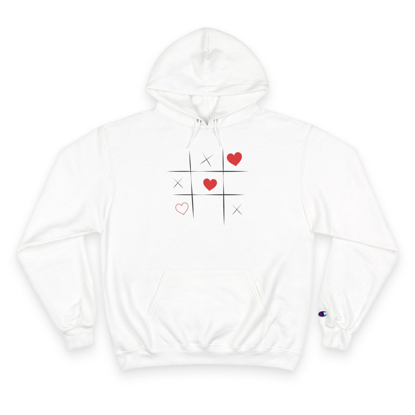 Champion Hoodie — Minimal Tic-Tac-Toe Heart Front & "Be Unique Be Urself" Graphic Back