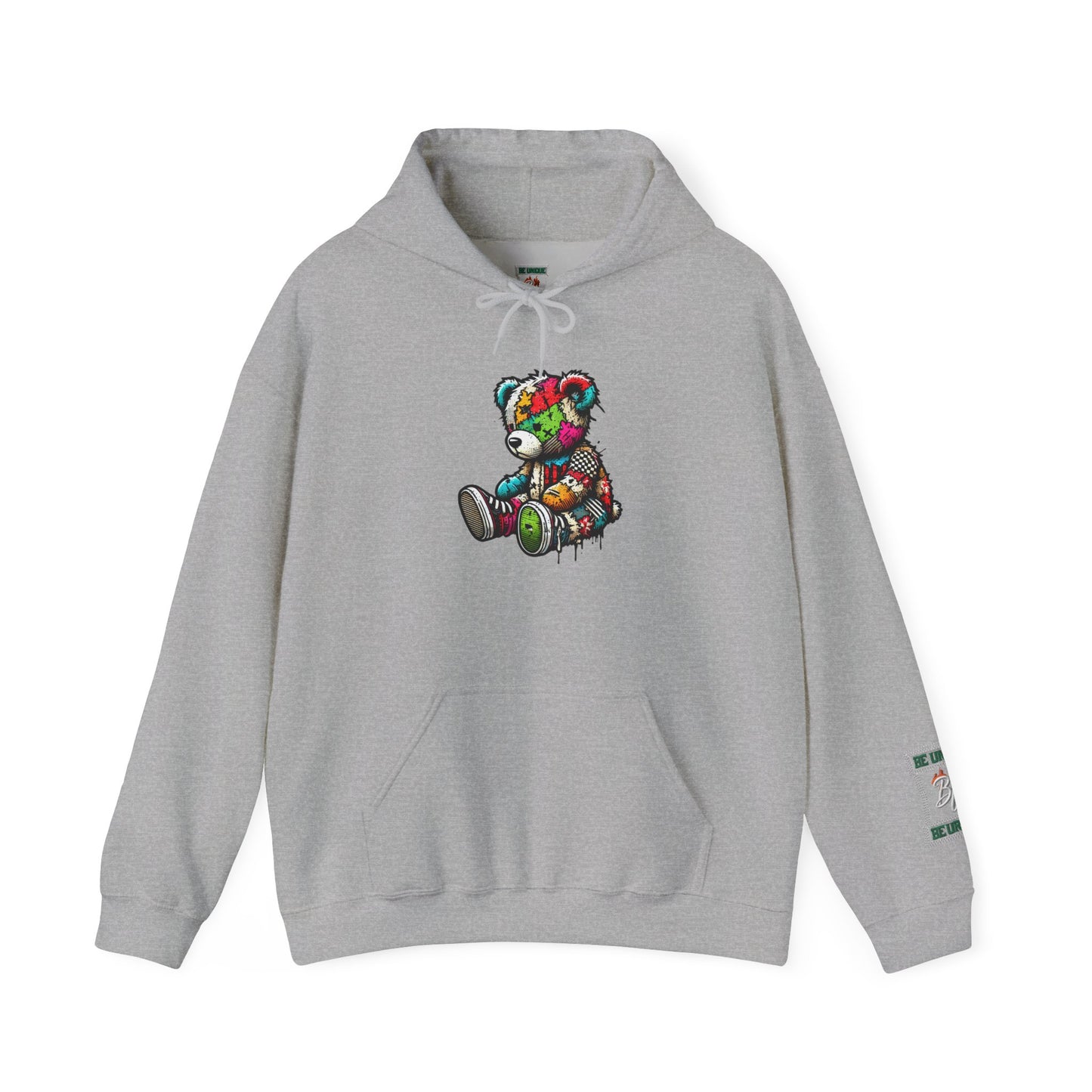 Patchwork Teddy Bear Hoodie — Colorful Grunge Bear Graphic Sweatshirt