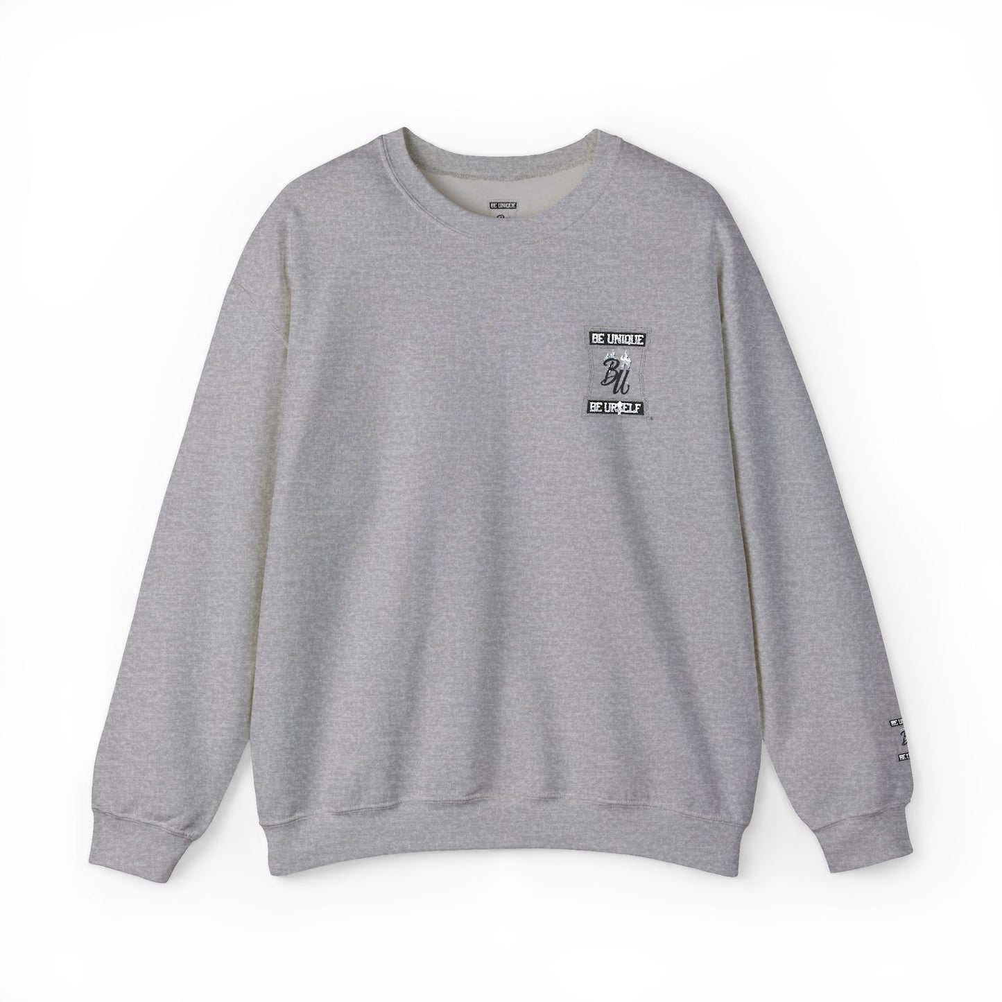 Minimalist White Crewneck Sweatshirt with Small Chest & Sleeve Graphic