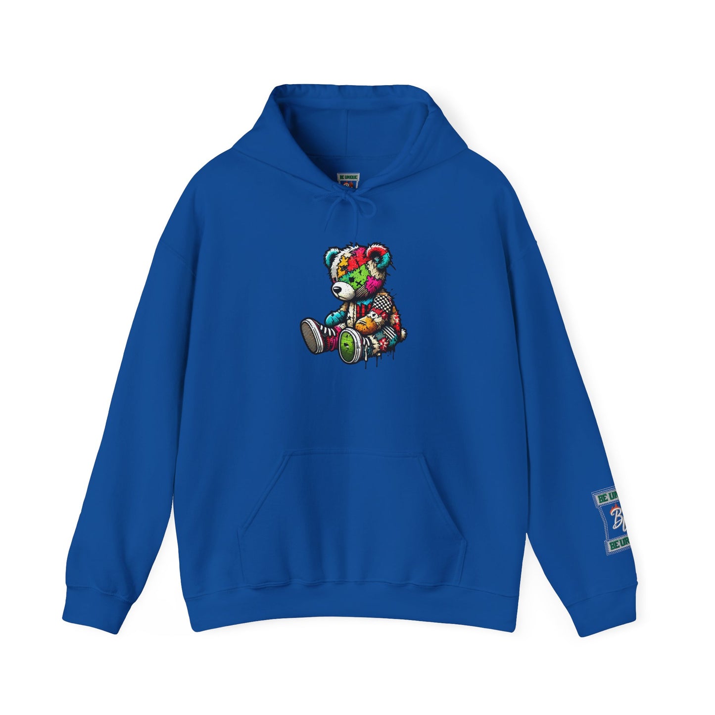 Patchwork Teddy Bear Hoodie — Colorful Grunge Bear Graphic Sweatshirt
