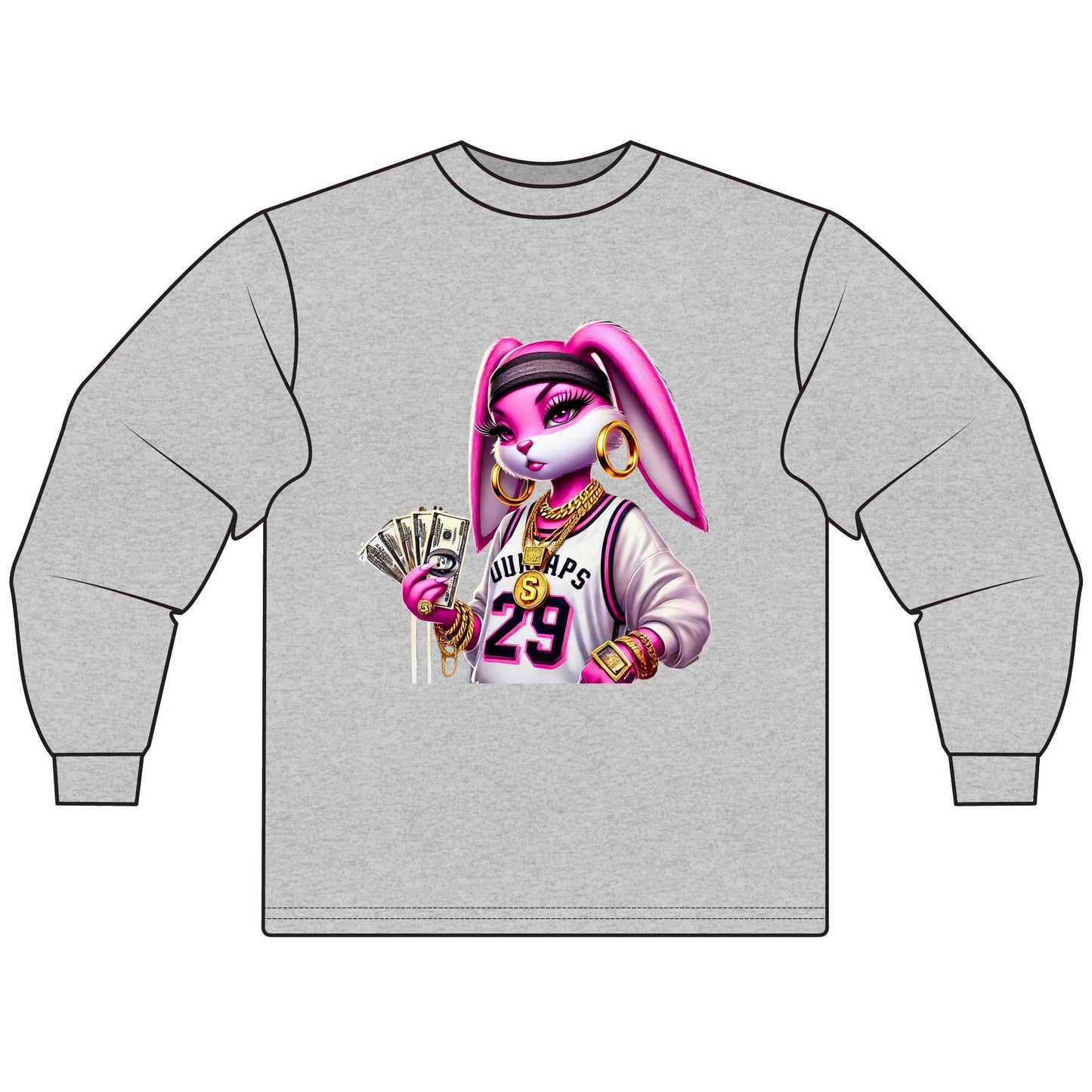 Chic Cartoon Bunny Long Sleeve Tee, Hip Hop Style Shirt, Fun Graphic Top, Casual Streetwear, Trendy Gift for Teens, Music Lovers