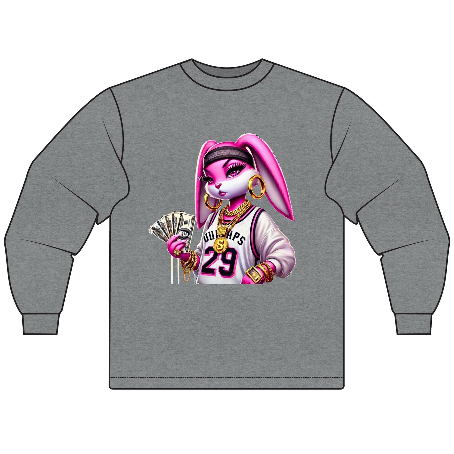Chic Cartoon Bunny Long Sleeve Tee, Hip Hop Style Shirt, Fun Graphic Top, Casual Streetwear, Trendy Gift for Teens, Music Lovers