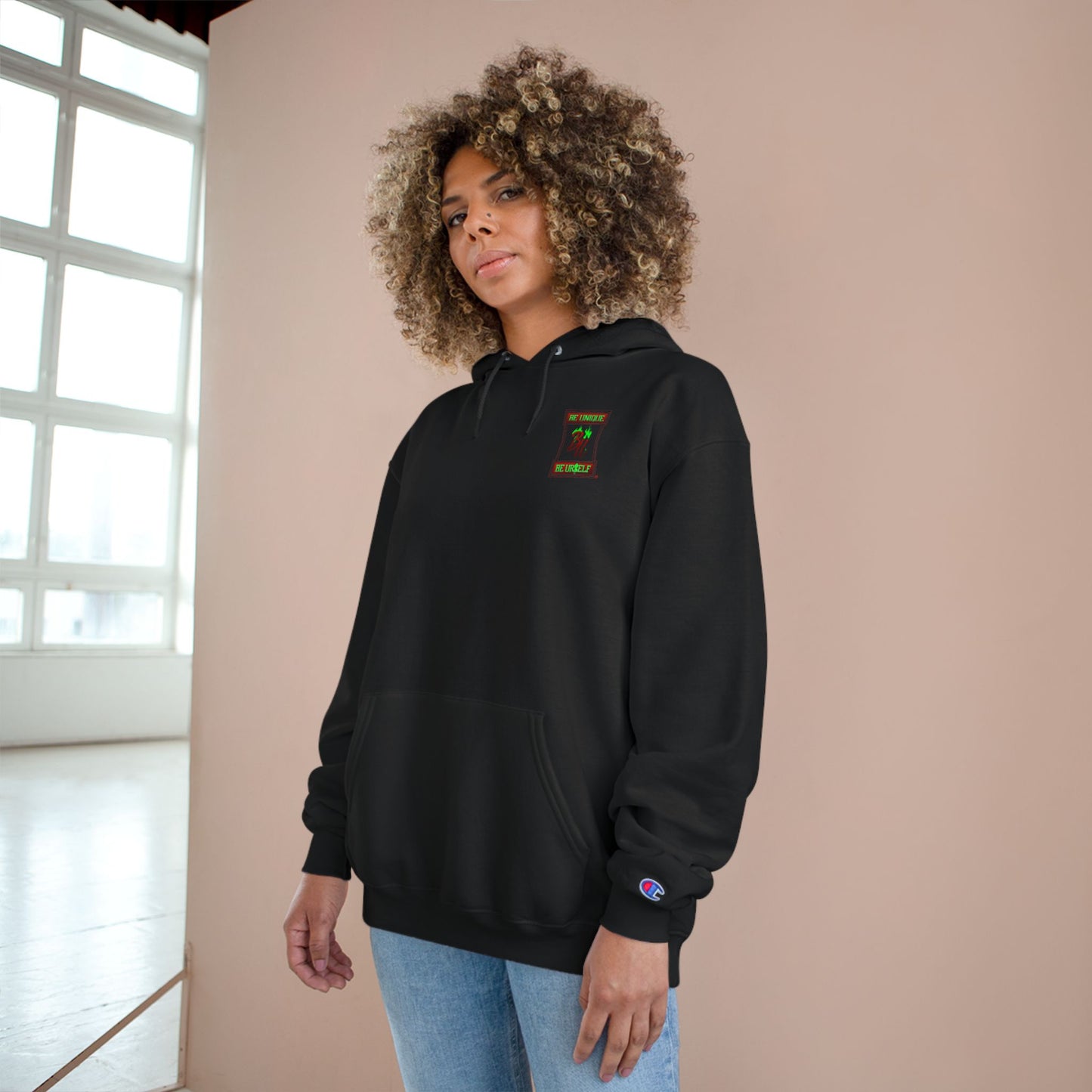 Champion Hoodie — "Be Unique, Be Urself" Graphic Pullover